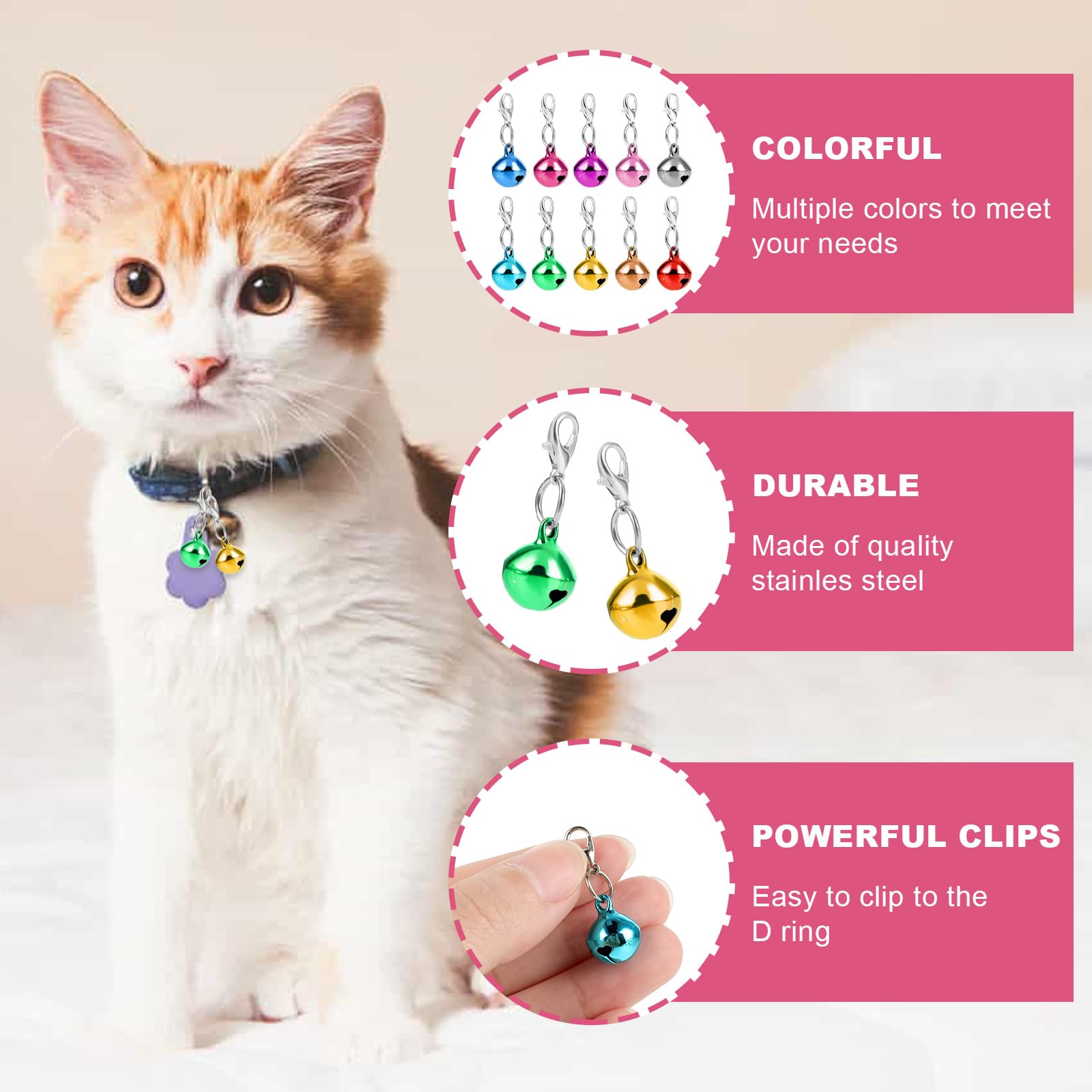 Comnico 20 Pcs Pet Bells For Dog Cat Collar, Metal Round Collar Charms Clear Crisp Sound With Clasps, Kitten Small Animal Pendan
