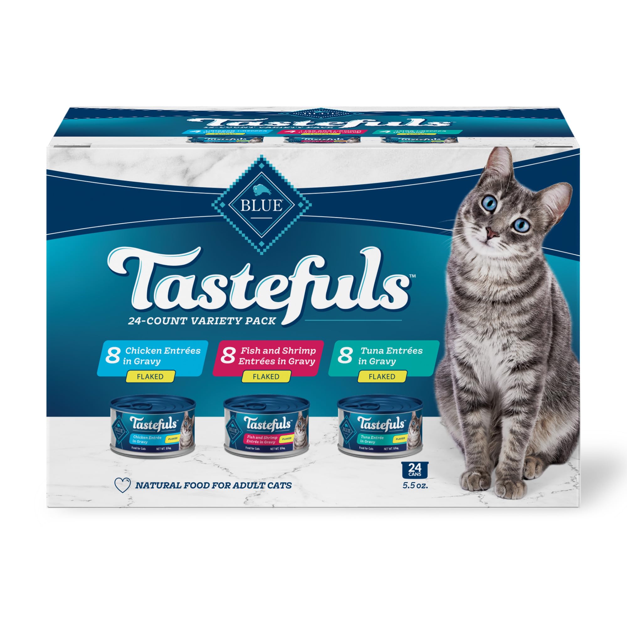 Blue Buffalo Tastefuls Flaked Wet Cat Food Variety Pack, Made with Natural Ingredients, Tuna, Chicken, Fish & Shrimp, 5.5-oz Can