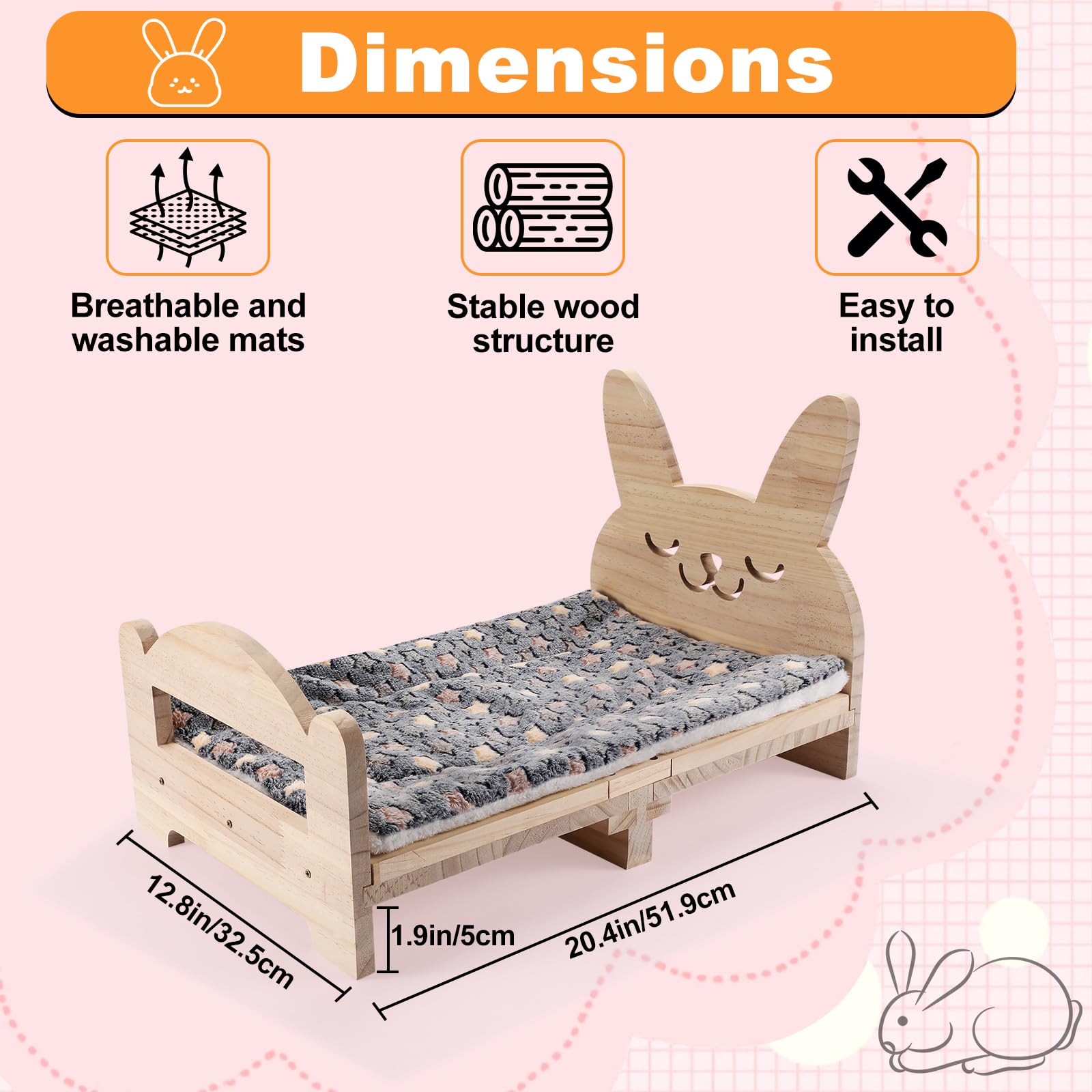 Essenhome Large Wooden Rabbit Bed - Easy Assemble 20.4'X12.8' Pet Bed With Support Structure & Removable Cushion For Rabbits,