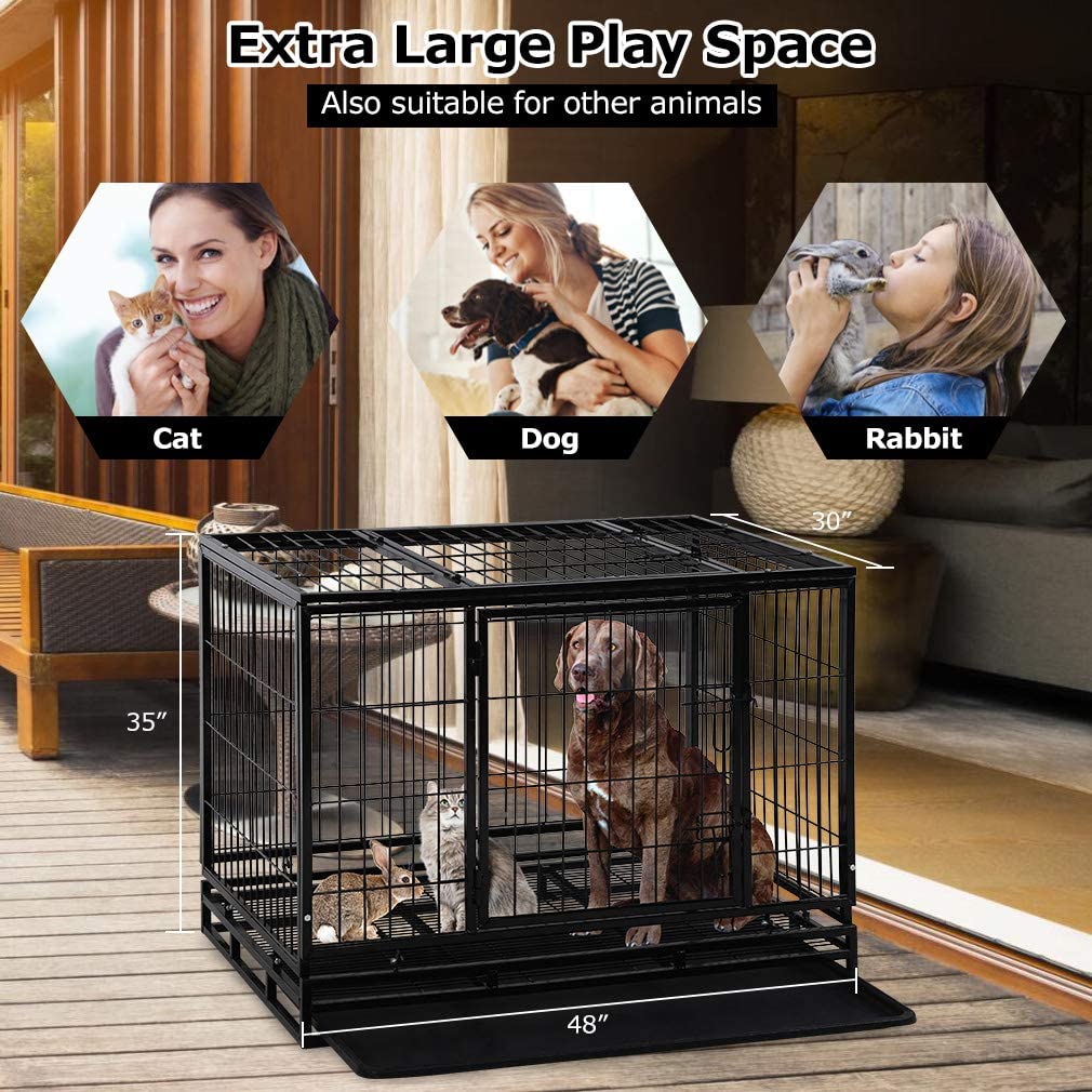 Dog Crate Cage For Large Dogs Heavy Duty 48 Inches Dog Kennel Pet Playpen For Training Indoor Outdoor With Plastic Tray Double Doors & Locks Design