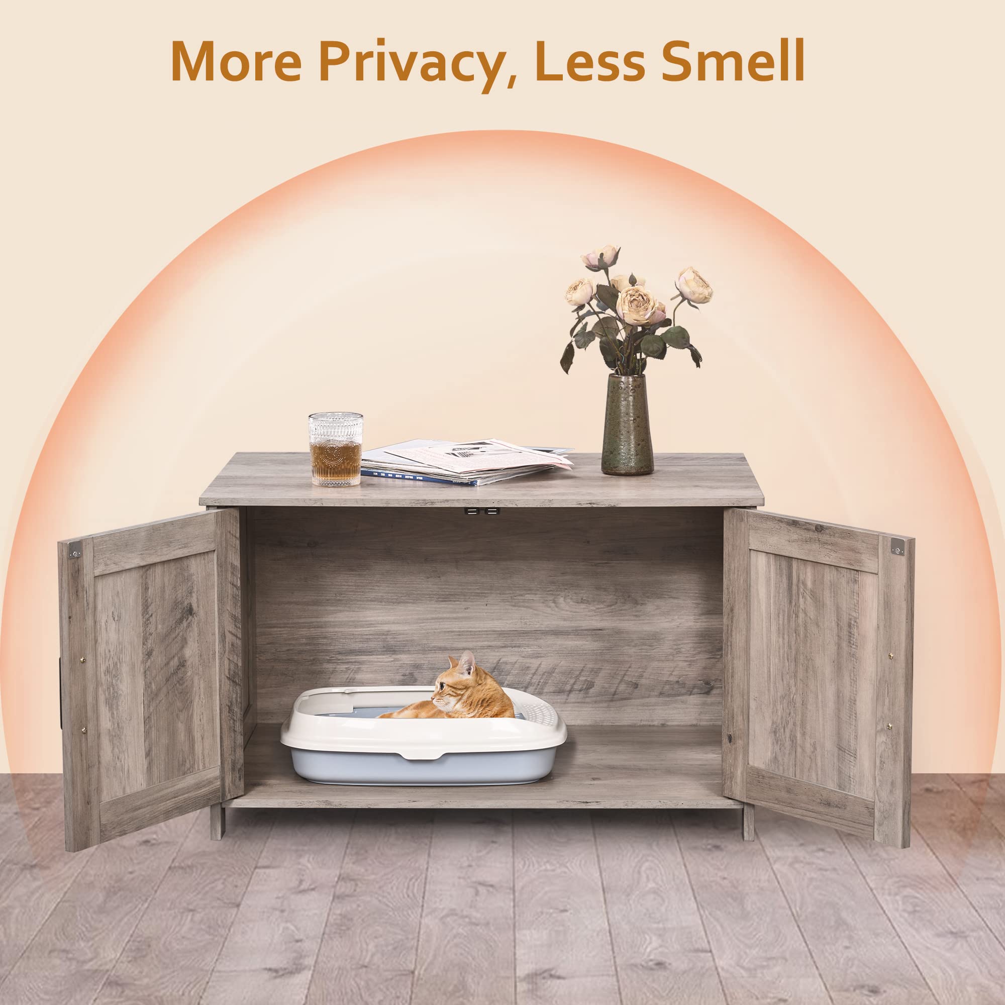 Homhedy Cat Litter Box Enclosure,Litter Box Furniture Hidden With Barn Door,Wooden Cat Washroom Furniture,Cat House,Fit Most Of Litter Box, Greige