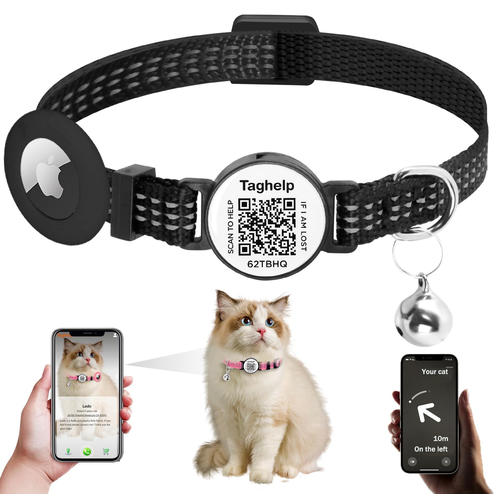 Airtag Cat Collar With Bell And Safety Buckle In 3/8'' Width, Reflective Collar With Waterproof Airtag Holder Compatible With Ap