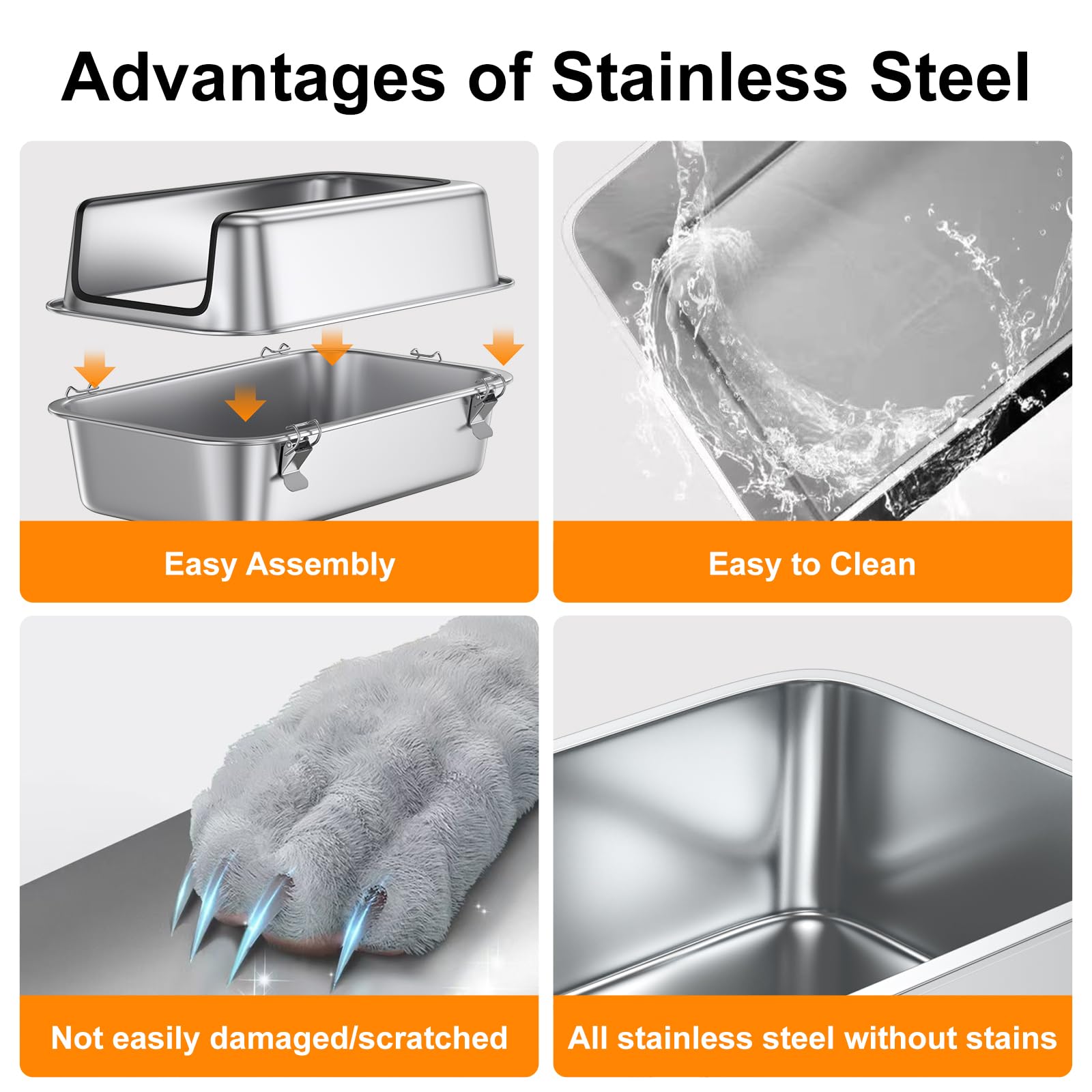 12'' Deep Stainless Steel Cat Litter Box With Lid,Xl Enclosed Cat Litter Box,Metal Litter Box Easy To Clean,Non-Stick Kitty Litt