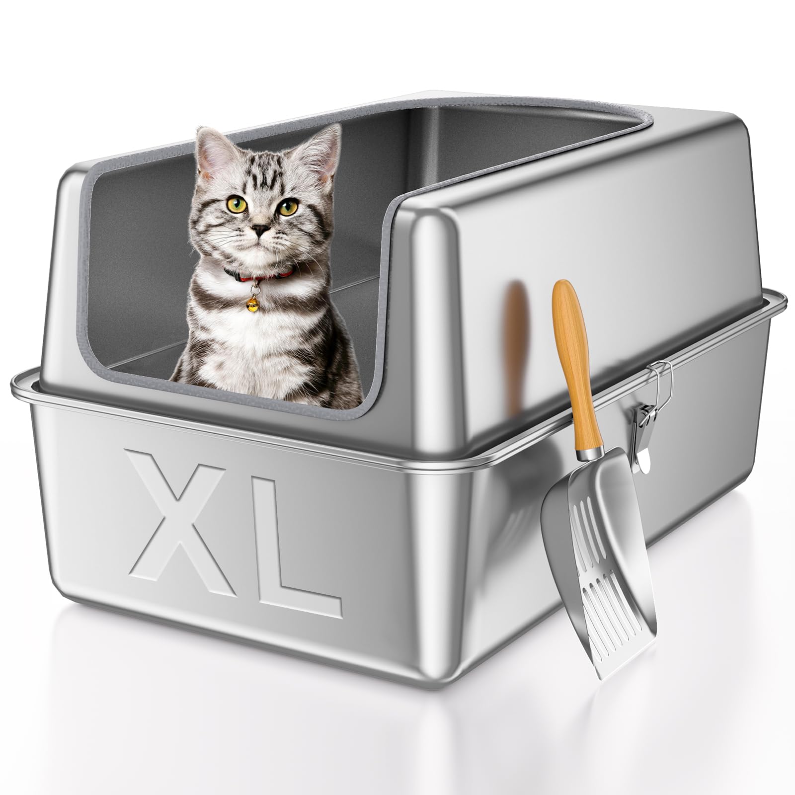 Paulmele 12'' High Sides Xl All Stainless Steel Cat Litter Box With Lid,Deep Metal Litter Box For Big Cats,Extra Large Litter Bo