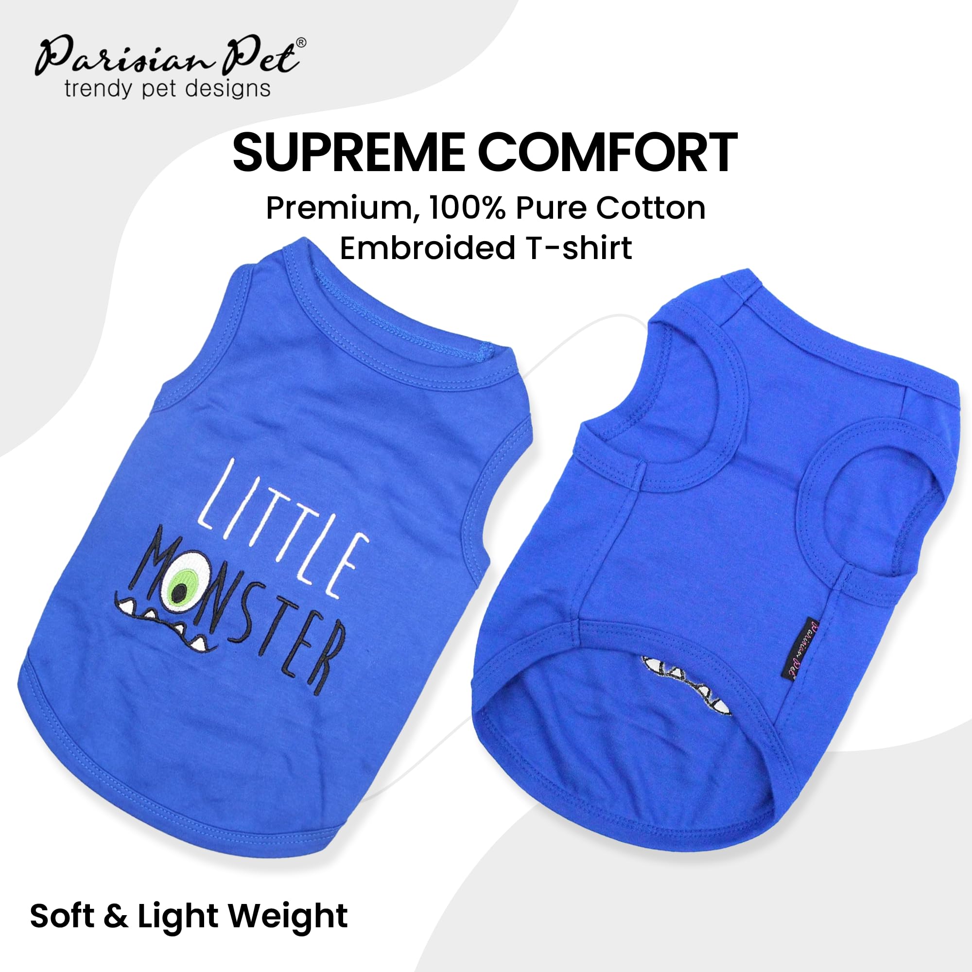 Parisian Pet Dog Tshirt - Embroidered “ Little Monster “ Boy Dog Shirt - Pure Cotton And Lightweight Dog Clothes - Sleeveless Blue Dog Tee Shirts - Machine Washable Dog Shirts For Medium Dogs - M