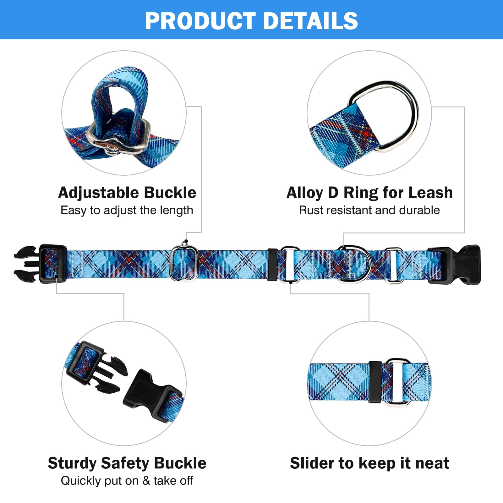 Hikiko Dog Collar For Small Medium Large Dogs, Adjustable Nylon Martingale Collars With Quick Release Buckle (Blue Plaid,L)