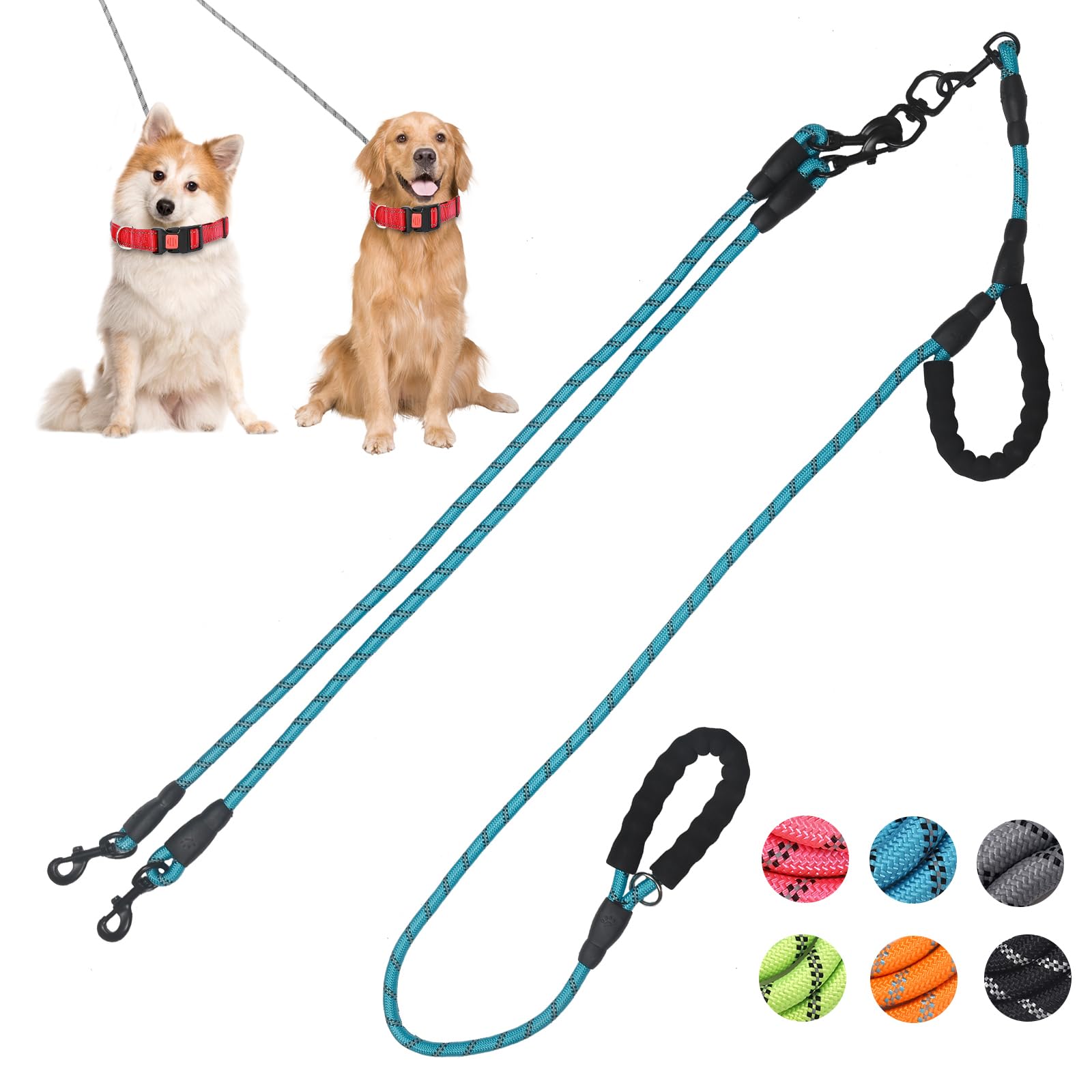 Exceptional 360 Anti-Tangle & No Pull Dual Dog Leash - Double Handle & Reflective For Small & Medium Dogs (Blue, 2 Way)