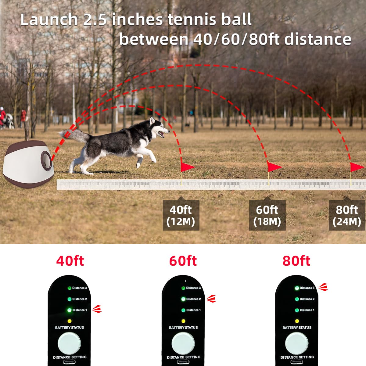 UJQW AutoDog Ball Launcher - Large Silent Dog Ball Thrower with Remote Control, 3 Adjustable Distances (40t/60ft/80ft), Recharga
