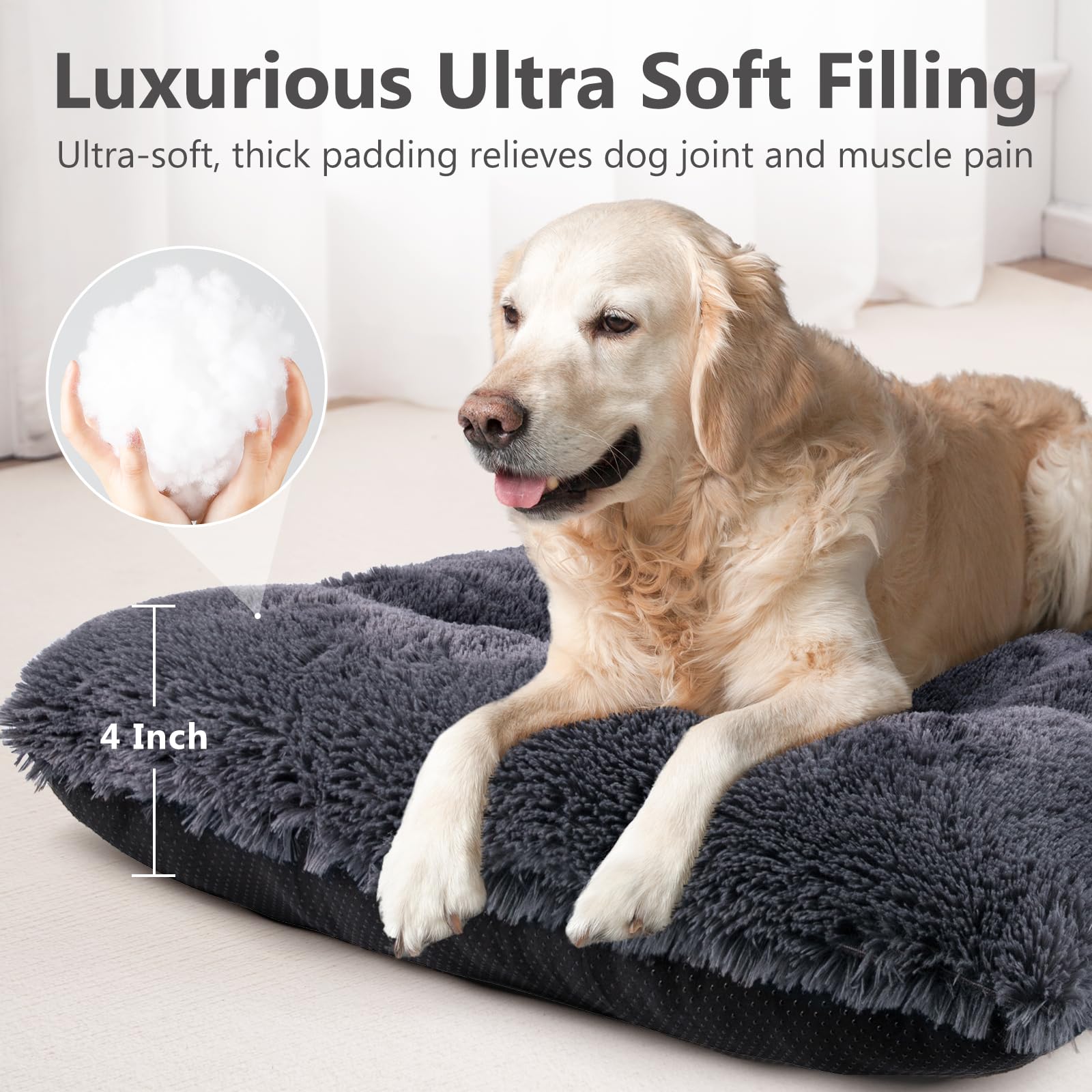 Joejoy Large Dog Bed Crate Pad, Deluxe Plush Washable Dog Beds Fulffy Soft Kennel Pad Anti-Slip Pet Sleeping Mat For Extra Large