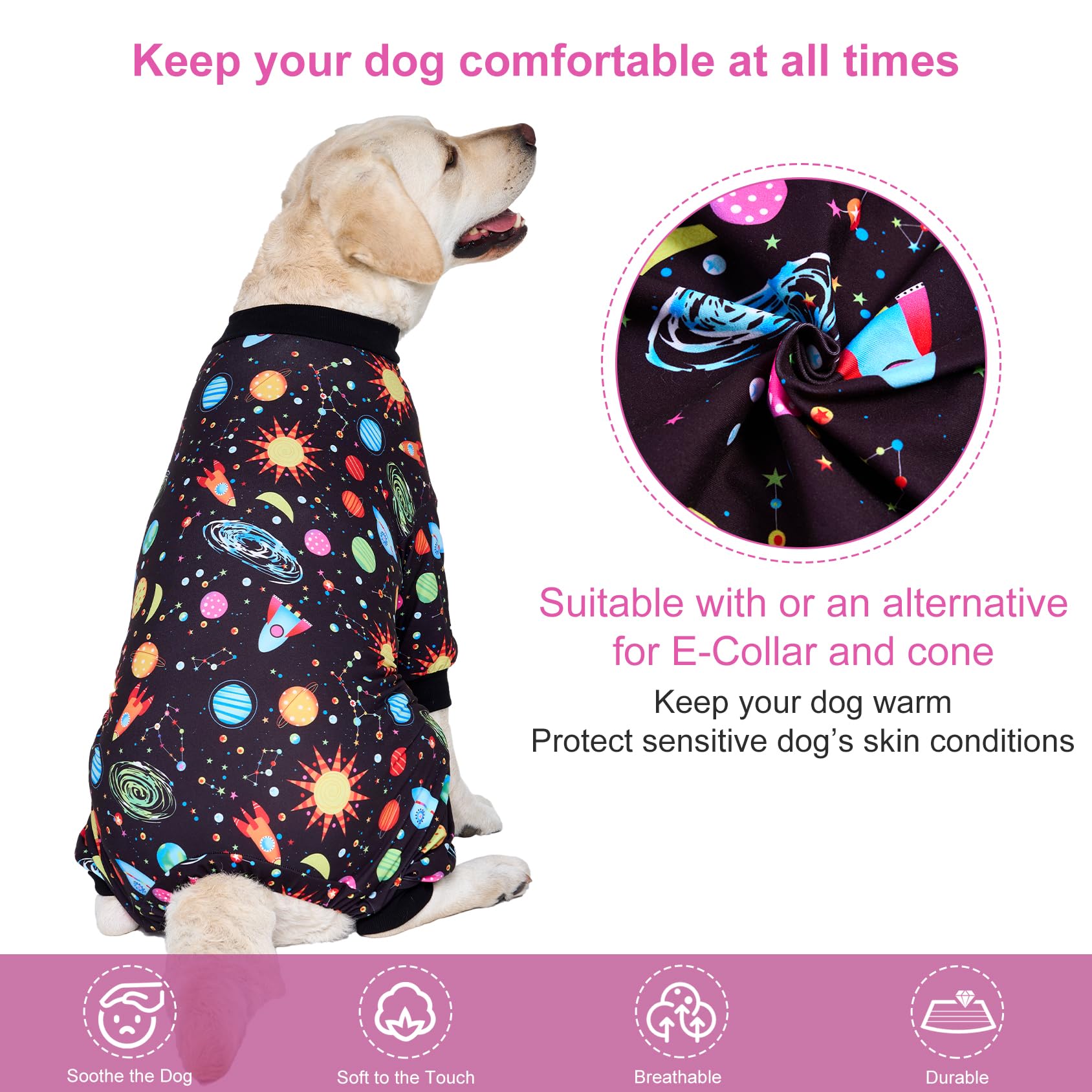 Lovinpet Big Dogs Onesies: Big Dog Pajamas, Post Surgery/Wound Care, Lightweight Stretchy Fabric, Interstellar Black Print, Dog Jumpsuit, Anti Licking, Pet Pj'S /3Xl