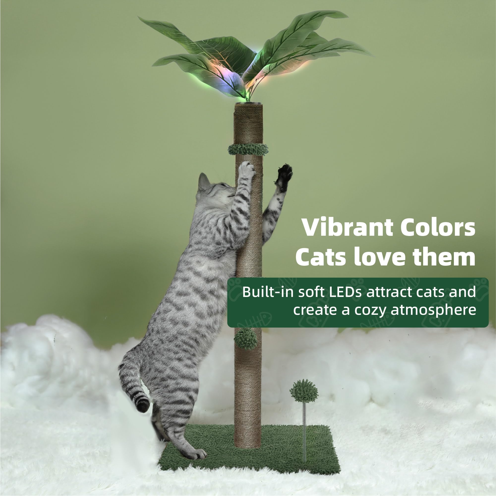 34'' Led Cat Scratching Post, Attracts Cats With Led Light, Cat Furniture, Stable Base, Hanging Toy Balls For Large Cats And Kit