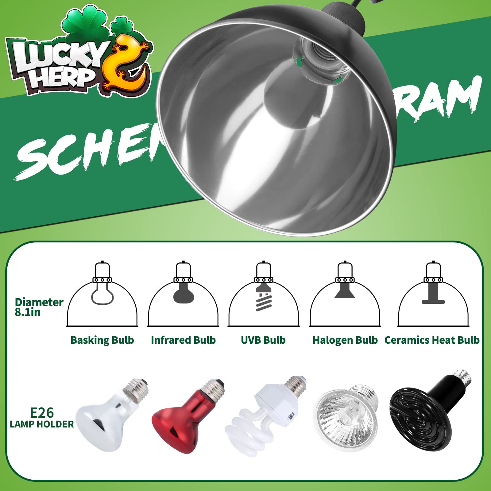 Lucky Herp Aluminum 8.1Inch Dome Reptile Light Fixture, Reptile Heat Lamp Fixture For Uvb Bulb Basking Heat Bulb