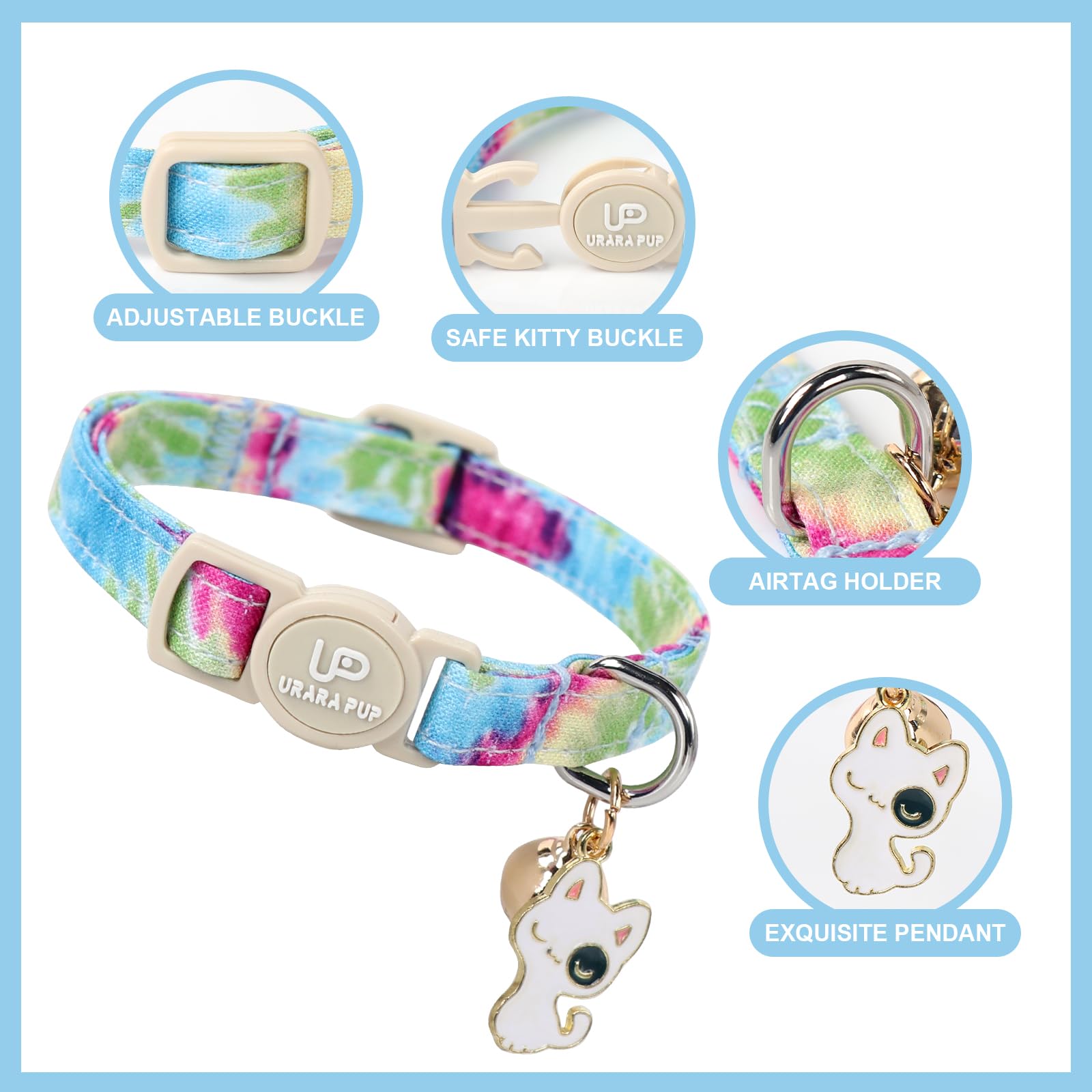 Up Urara Pup Cat Collar, 2 Pack Cat Collars Cute Breakaway Tiedye Cat Collar With Bell, Holiday Kitten Collars Summer Blue Grid