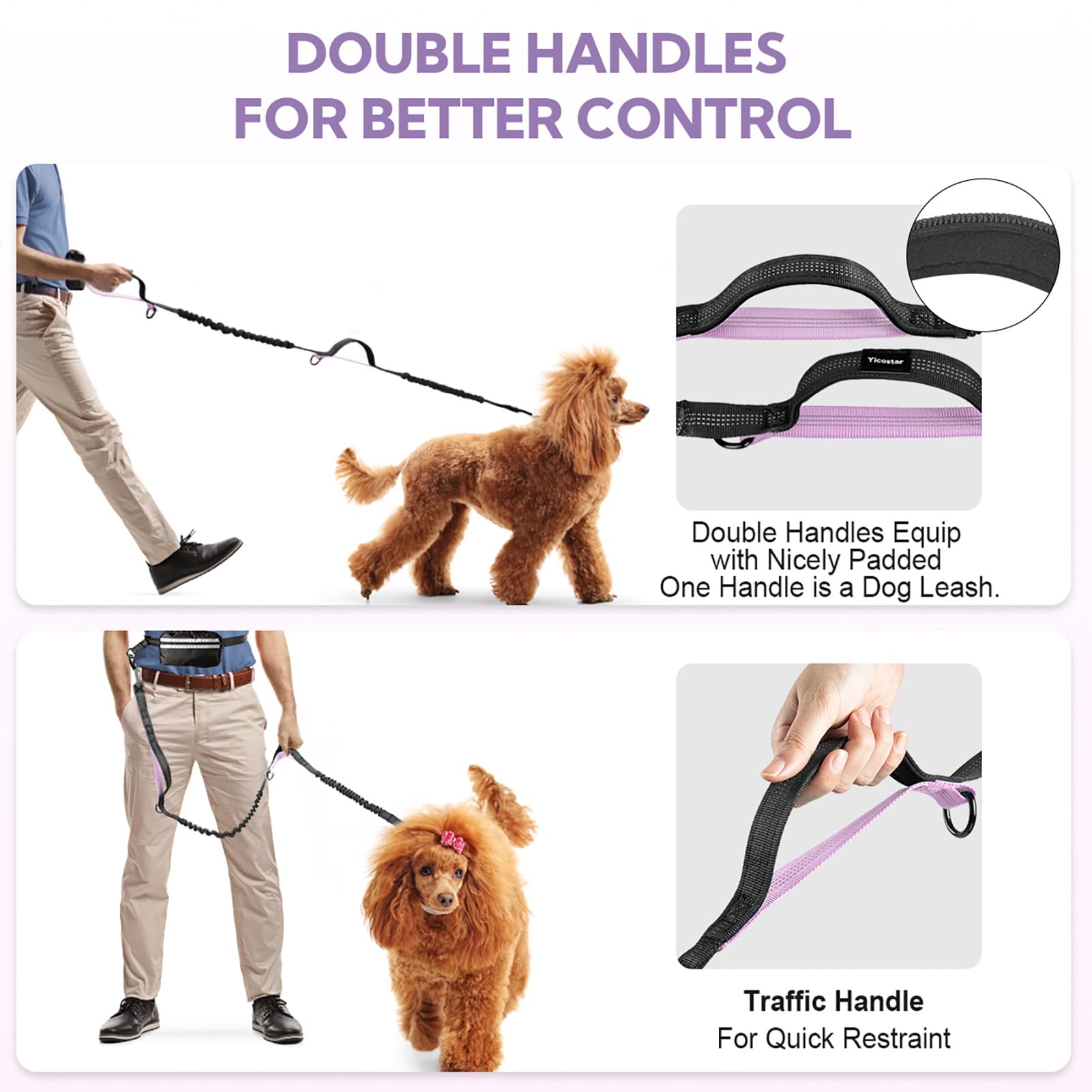 Yicostar Hands Free Dog Leash, Shcok Abosoring Bungee With Double Padded Handles, Waist Leash For Dog Walking, Dog Leash With Bu