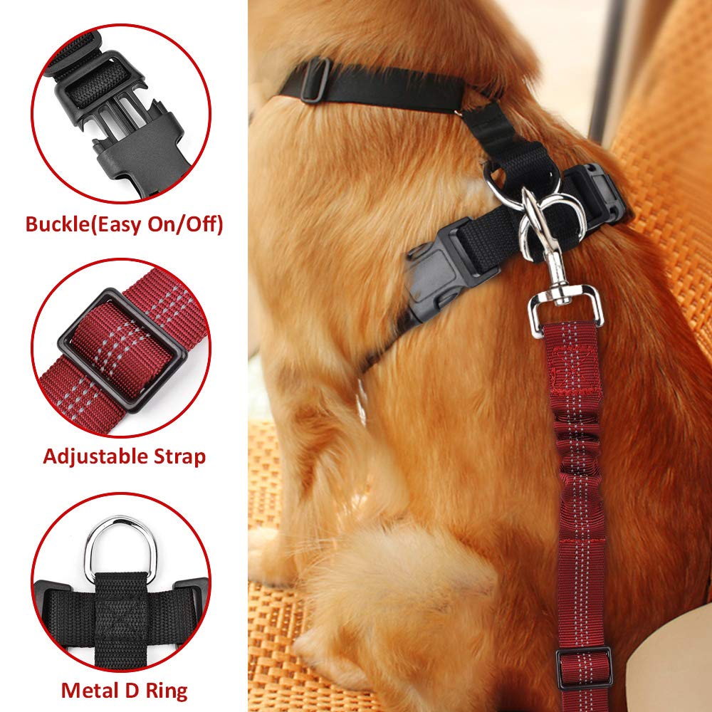 Slowton Dog Seat Belt Harness For Car, Dog Car Harness Adjustable Mesh Breathable & Dog Seatbelt Safety Tether With Elastic Bungee For Small Medium Large Pets(Red Seatbelt, Single Clip, Xxxs)