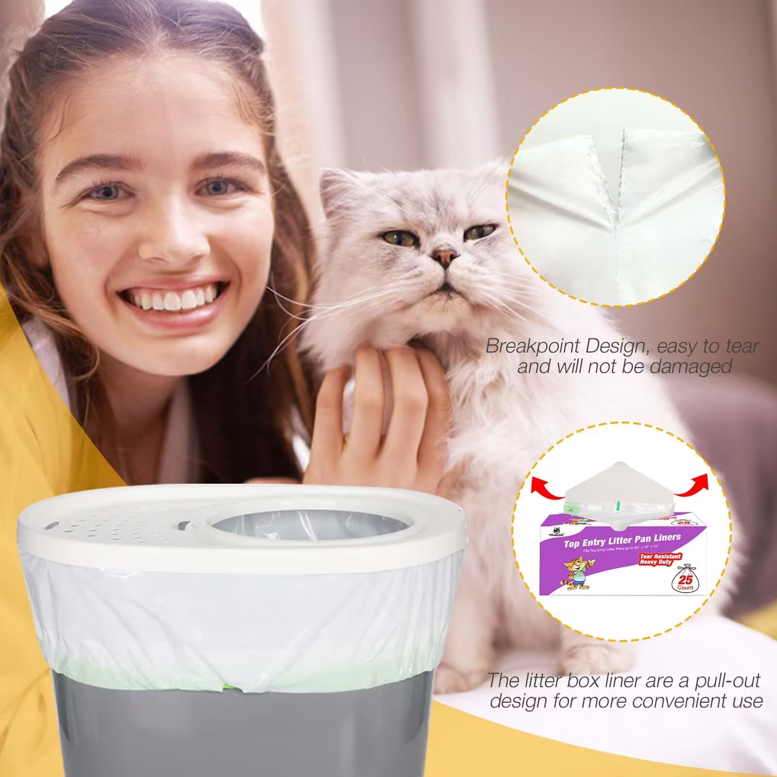 VoagLuk Cat Litter Box Liners - Heavy Duty Plastic, 25 Count, Drawstring, Compatible with Top Entry Litter Pans