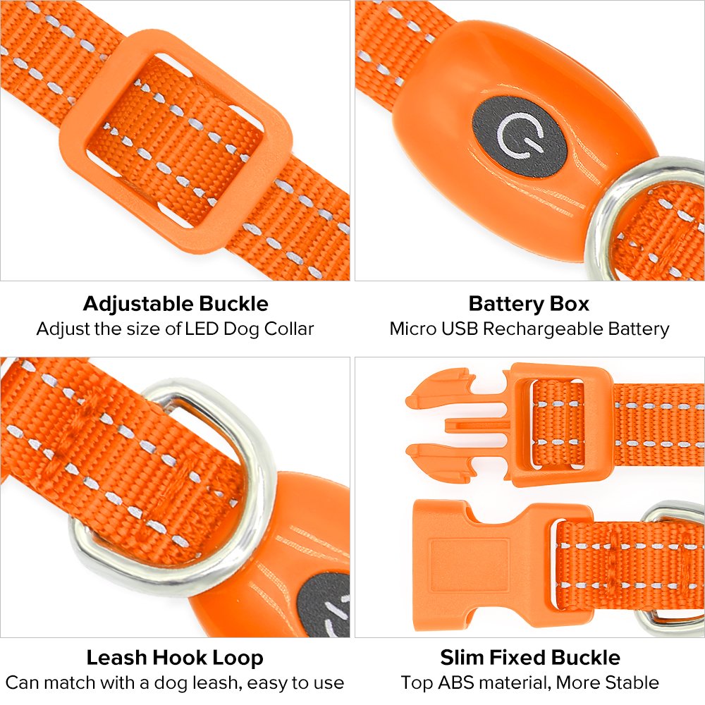 Illumifun Small Led Dog Collar, Usb Rechargeable Glowing Safety Collar, Adjustable Nylon Webbing Light Up Collars For Your Puppy (Orange, X-Small)