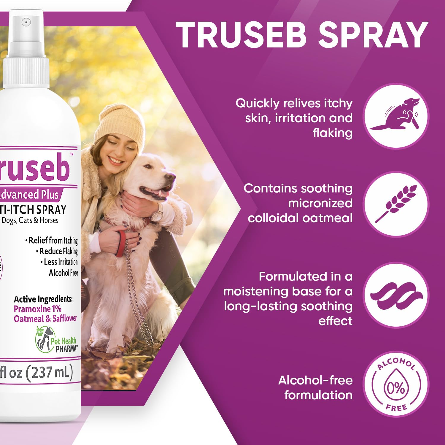Pet Health Pharma Truseb | Pramoxine HCL 1% Spray for Dogs and Cats with Moisturizing Oatmeal Made in U.S.A (8 oz)