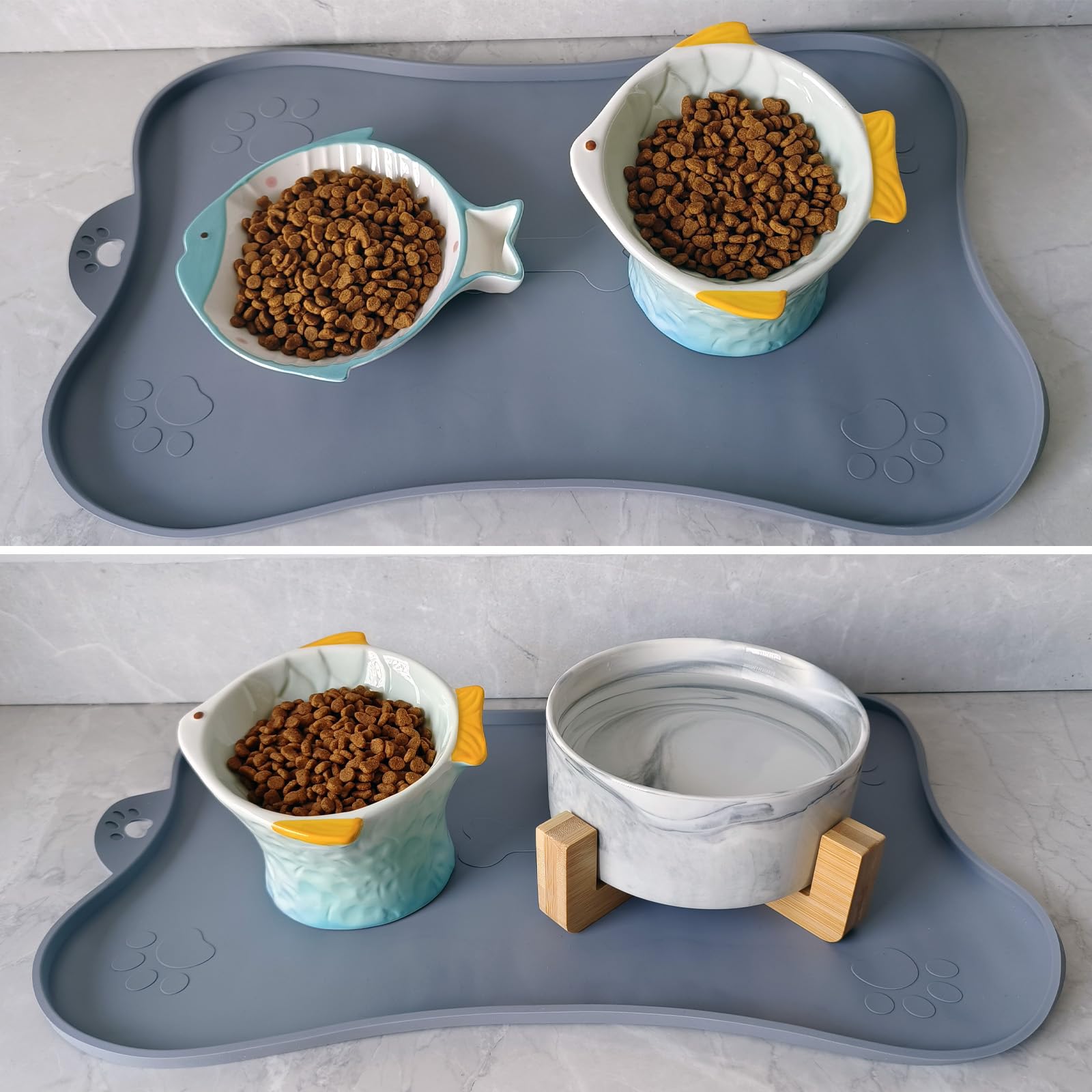 Raised Tilted Ceramic Cat Food Bowl - Cute Fish Shape Elevated Slanted Shallow Angled Cat Dish - Personalized Pet Feeder for Kit