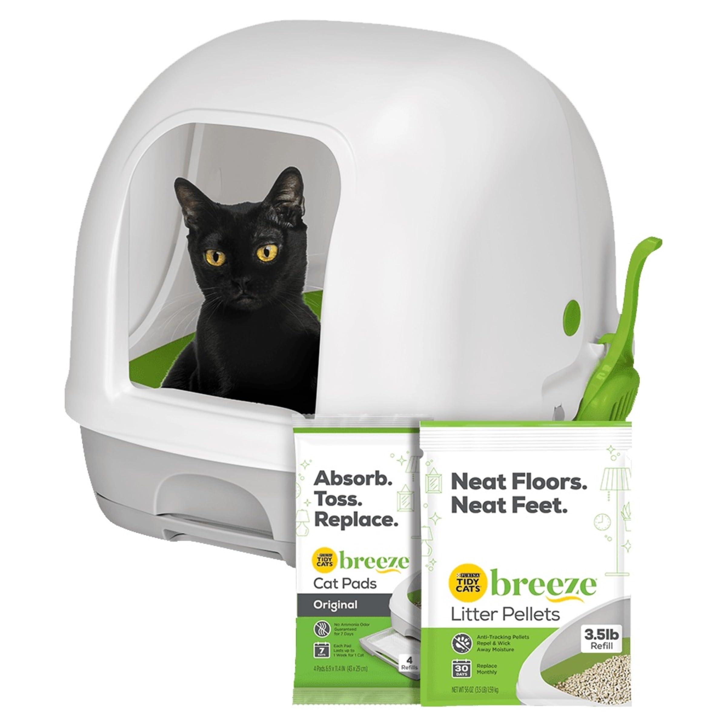 Purina Tidy Cats Hooded Litter Box System, Breeze Hooded System Starter Kit Litter Box, Pellets & Pads