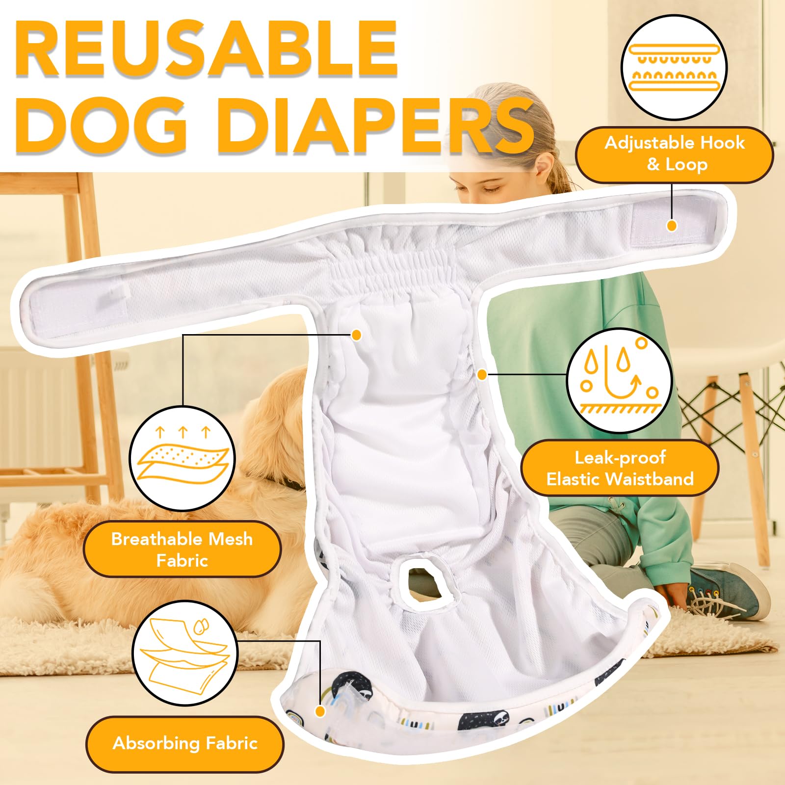 Xpcare Dog Diapers Female (4 Pack) - Washable Reusable Female Dog Diapers - Highly Absorbent Puppy Diapers For Dogs In Heat, Inc