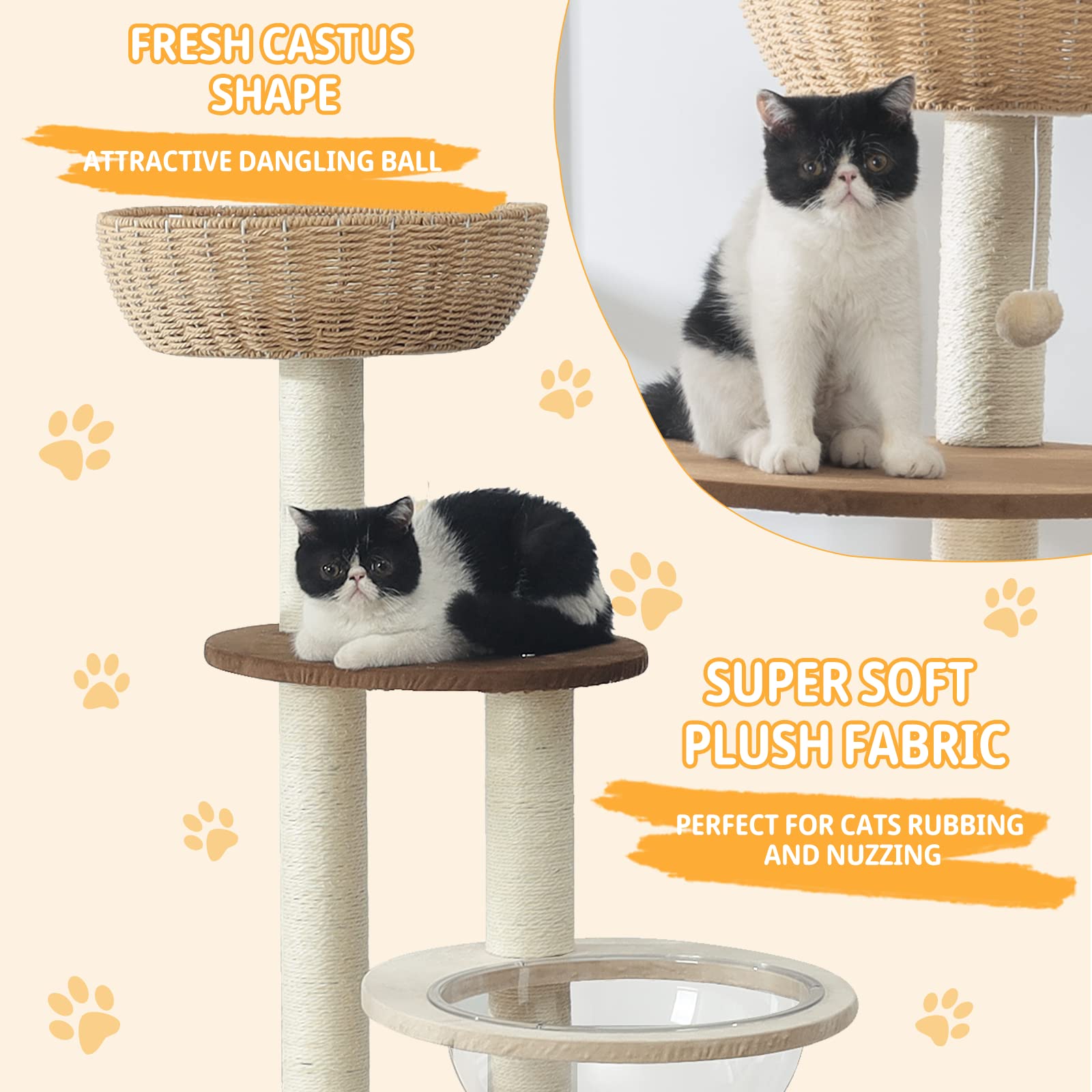 Hiyong Modern Tree Tower For Large Cats - Natural Sisal Luxury Condo, Hand Woven Wood Tower, Indoor Scratching Tree, New Lover G
