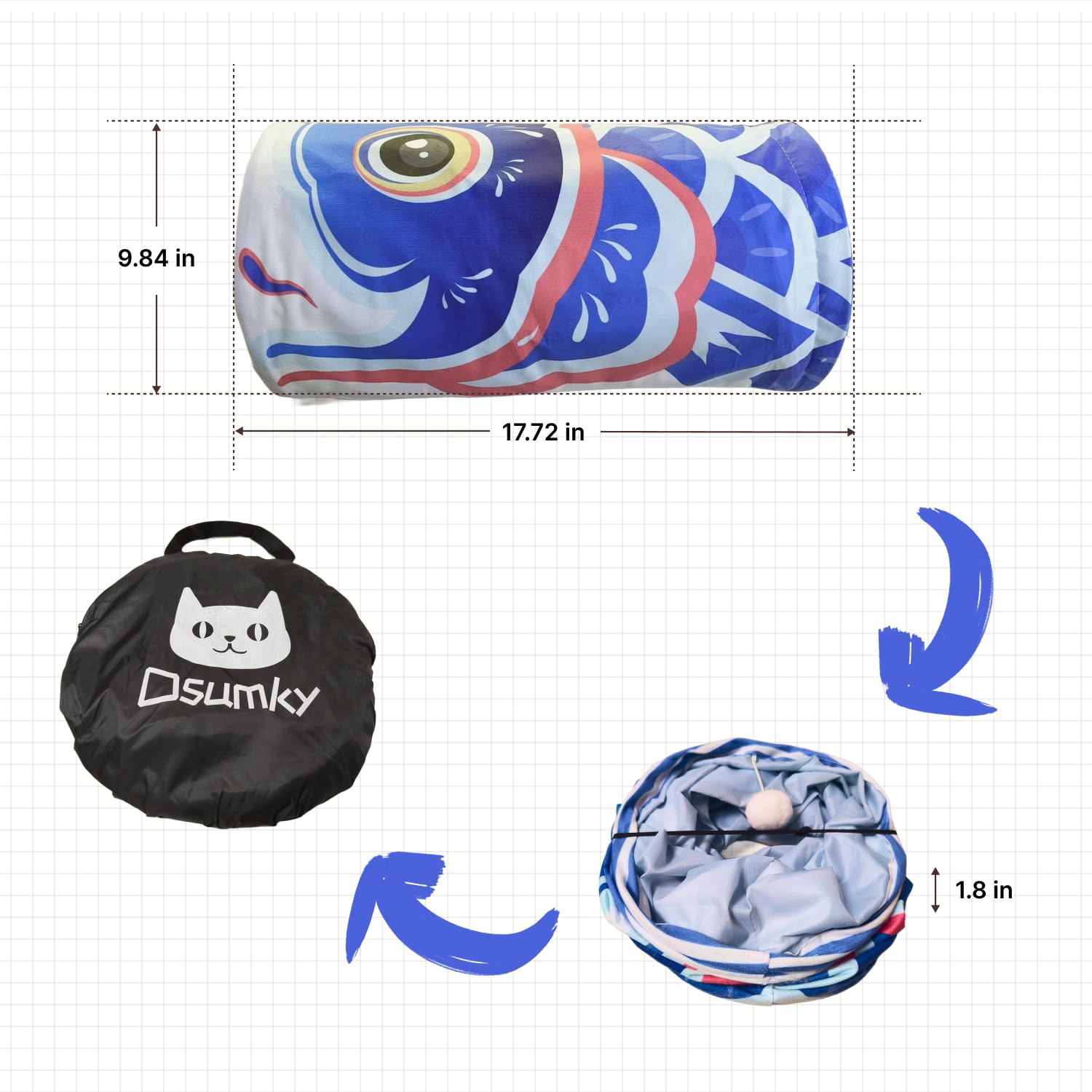 Dsumky Cat Tunnel With Fish Design, Plush Toy Ball, Easy To Clean, Collapsible, Hide & Seek Play, Self-Entertainment Toy (Ocean
