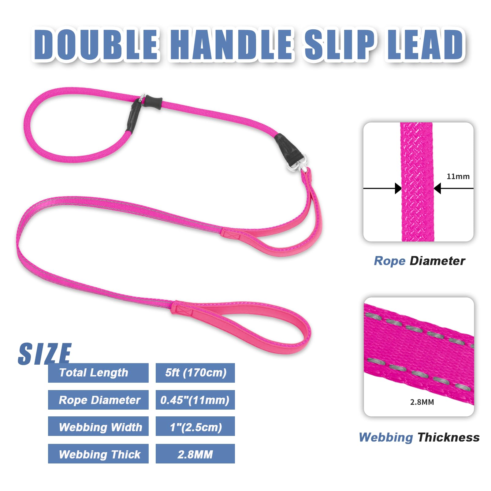 Slip Lead Dog Leash With Double Handle, Reflective Dog Training Leash - 360 Swivel Anti-Tangle - Heavy Duty Nylon - Medium, Larg