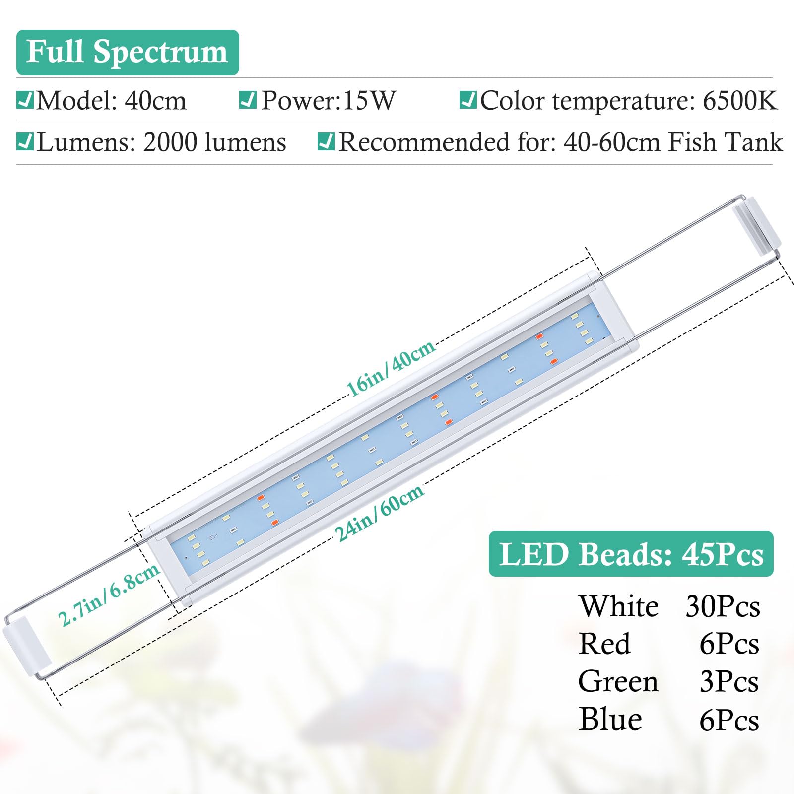 Hitop Full Spectrum Led Aquarium Light - 16-24” Classic Fish Tank Light With Timer, Aquarium Plant Light With Stable Extendable Brackets (16-24In)