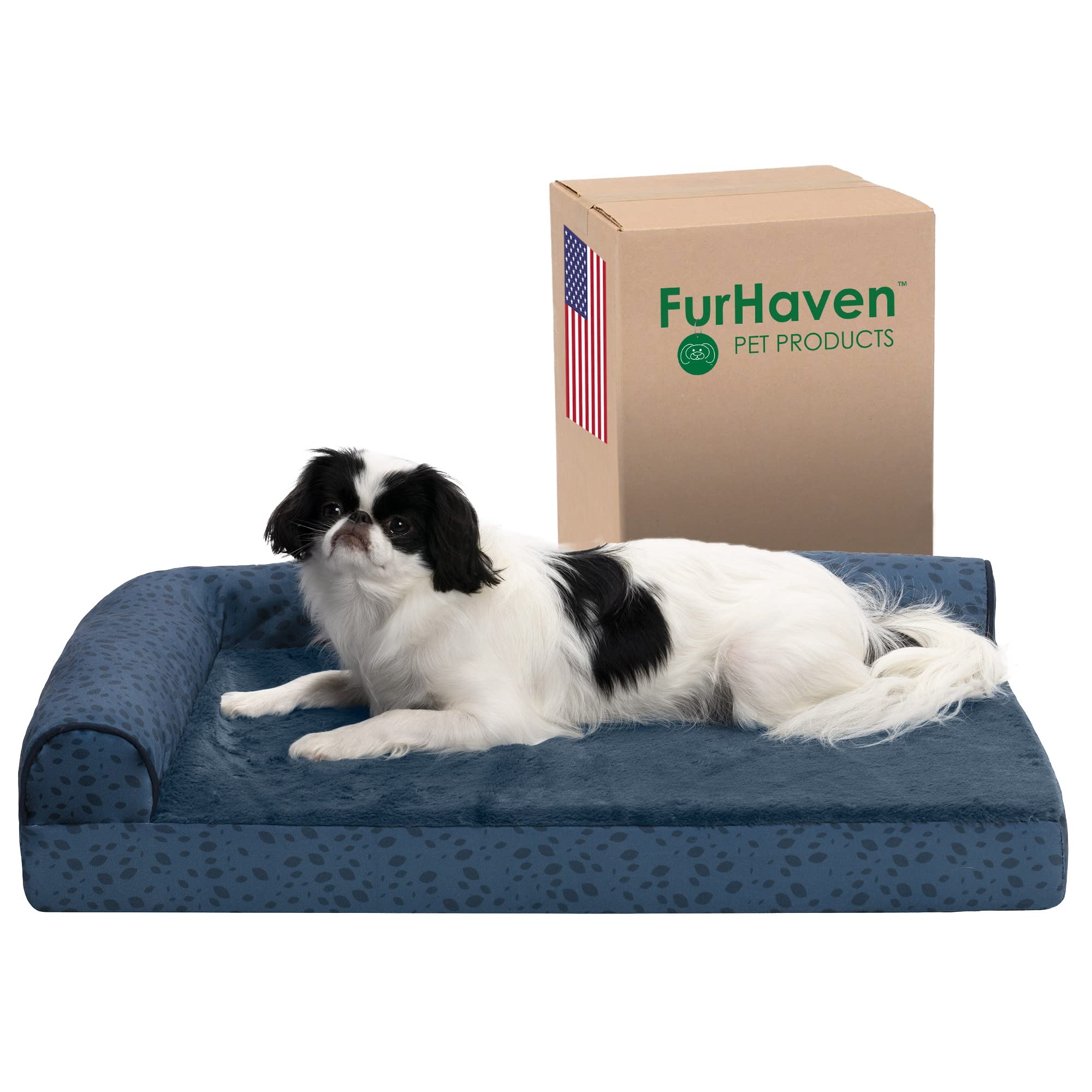 Furhaven Orthopedic Dog Bed For Medium/Small Dogs W/ Removable Bolsters & Washable Cover, For Dogs Up To 35 Lbs - Plush & Almond Print L Shaped Chaise - Blue Almonds, Medium