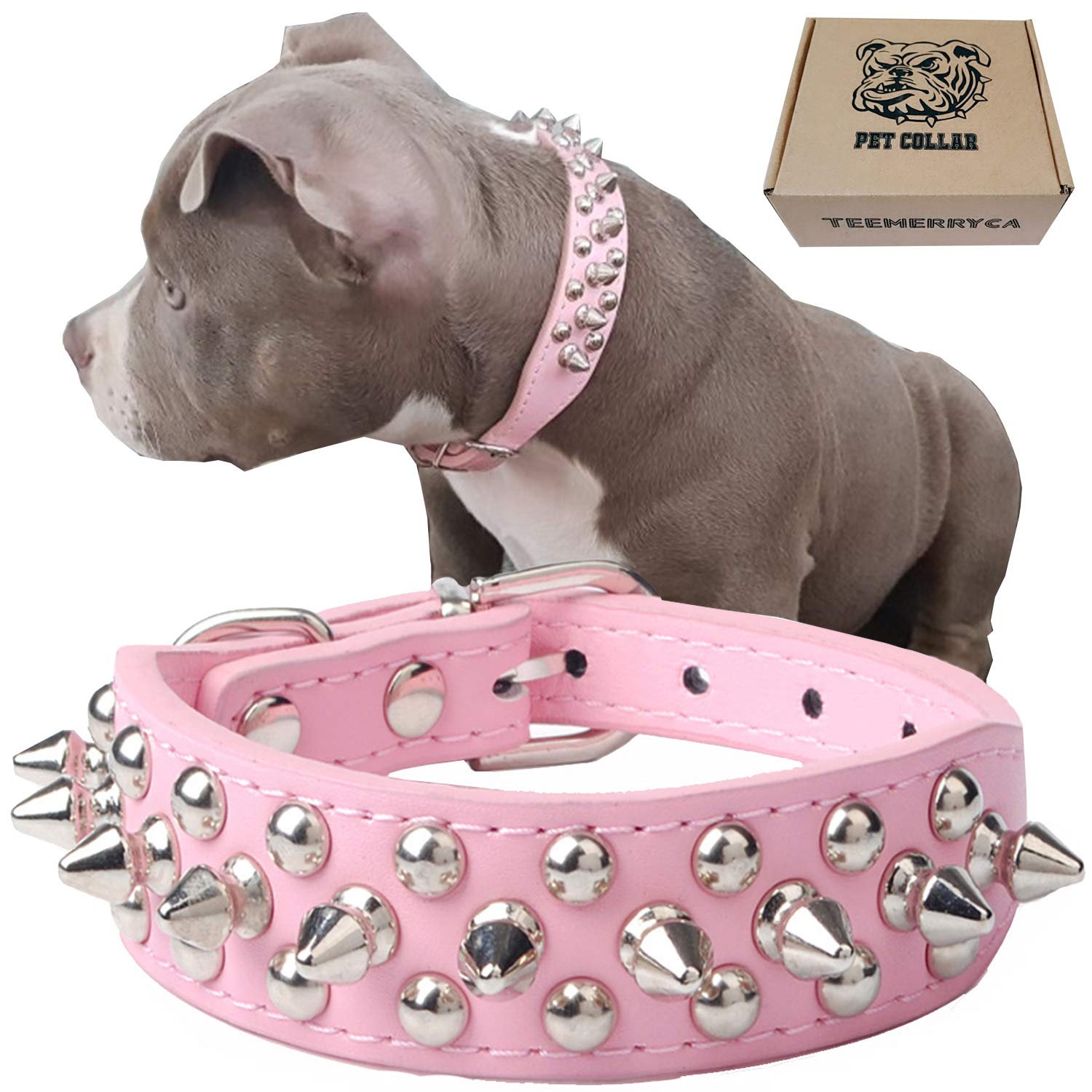 Teemerryca Adjustable Leather Spiked Studded Dog Collars With A Squeak Ball Gift For Small Medium Large Pets Like Cats/Pit Bull/