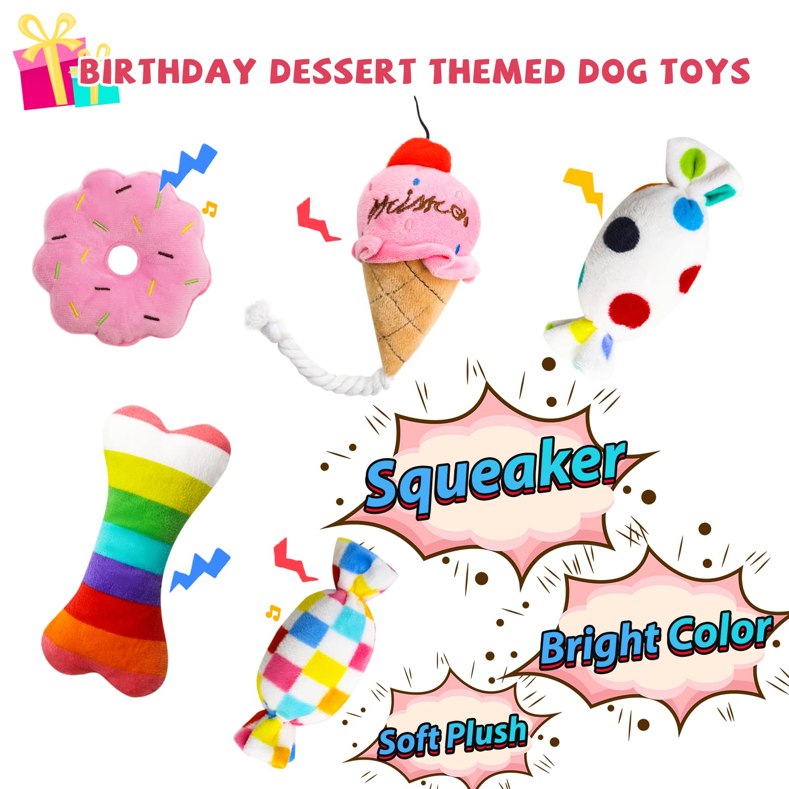 Lilfrd Dog Birthday Toys Girl, Squeaky Plush Birthday Cake Hat Bandana, Birthday Gifts For Small & Medium Dog, 9 Pack Pink