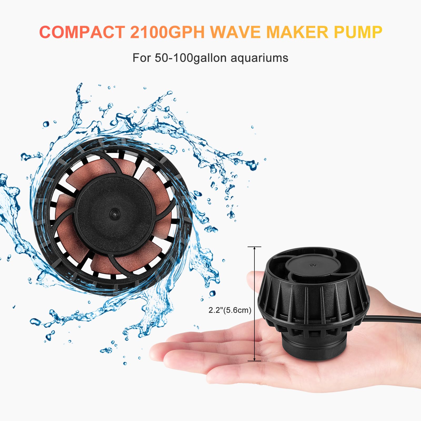 JEREPET 2100GPH Wave Maker with Controller, Mini DC 24V Powerhead for 50-100 Gallon Tank, Black, Model WPO