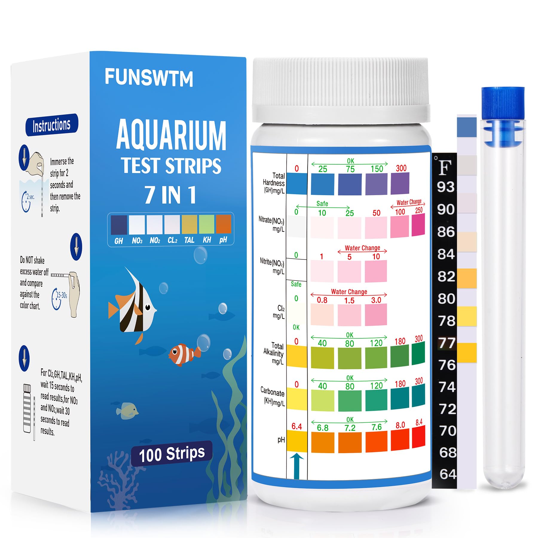 7 In 1 Aquarium Test Strips, Fish Tank Test Kit,Freshwater Saltwater Aquarium Water Test Kit To Detect Ph Nitrite Nitrate Chlorine Carbonate Hardness (Gh & Kh)-100 Strips