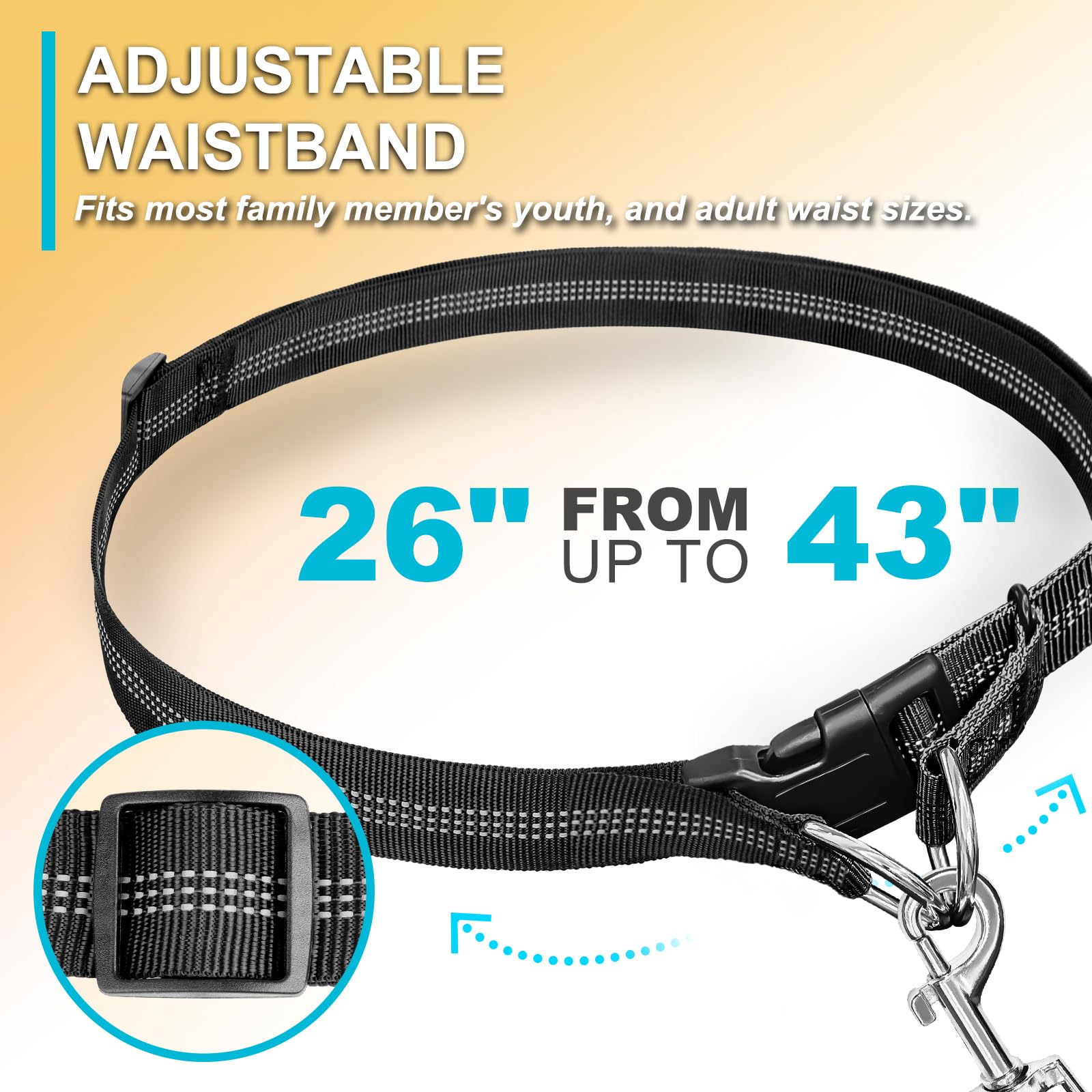 Laqibak Hands-Free Dog Leash, Adjustable 4.2-6.7ft Bungee, Black, Fits 26"-43" Waist, Rubber & Fabric, Ideal for Walking &