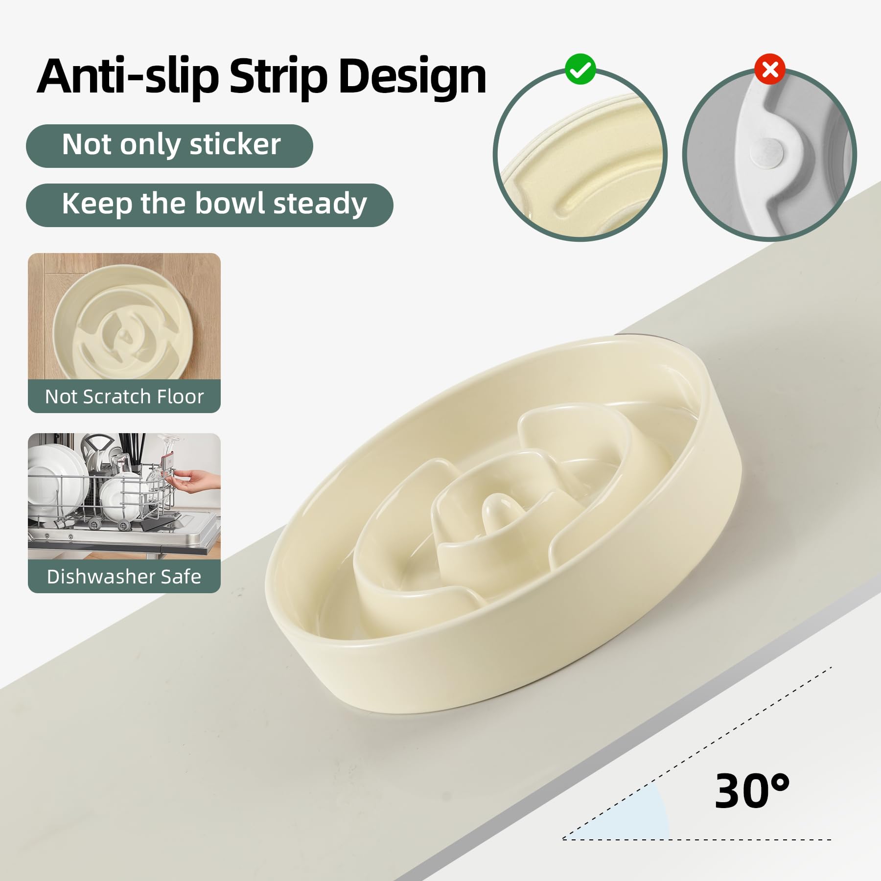 Havniva 7.3Inch Ceramic Raised Slow Feeder Dog Bowl Set, Elevated Wooden Stand For Medium And Small Dog, Puzzle Slow Dish, Anti-