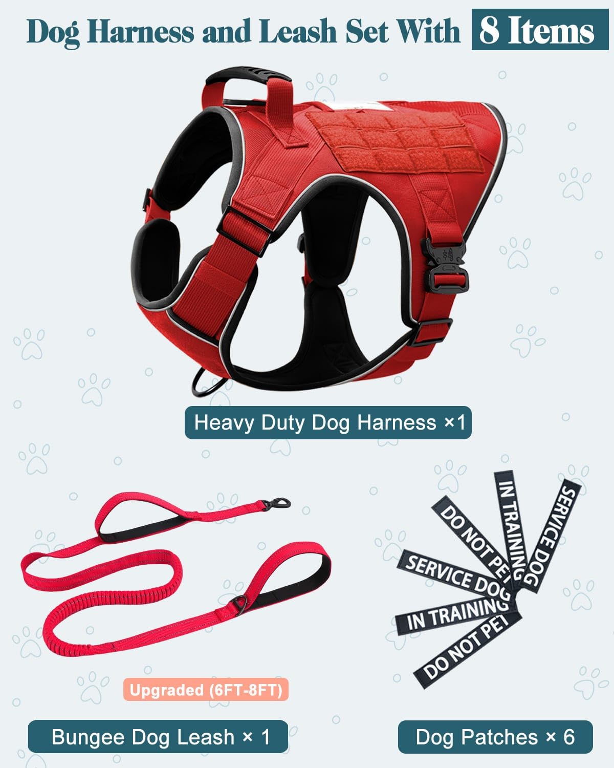 Reflective Red Service Dog In Training Vest Harness Leash Set For Medium Large Dogs, Adjustable Heavy Duty Padded Dog Harness, W