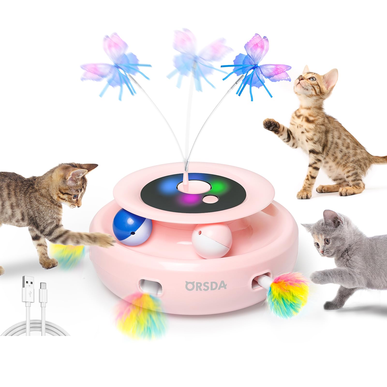 Orsda Cat Toy, 3-In-1 Automatic Interactive Electronic Moving Ambush Feather, Fluttering Butterfly, Track Balls, Usb Rechargeabl