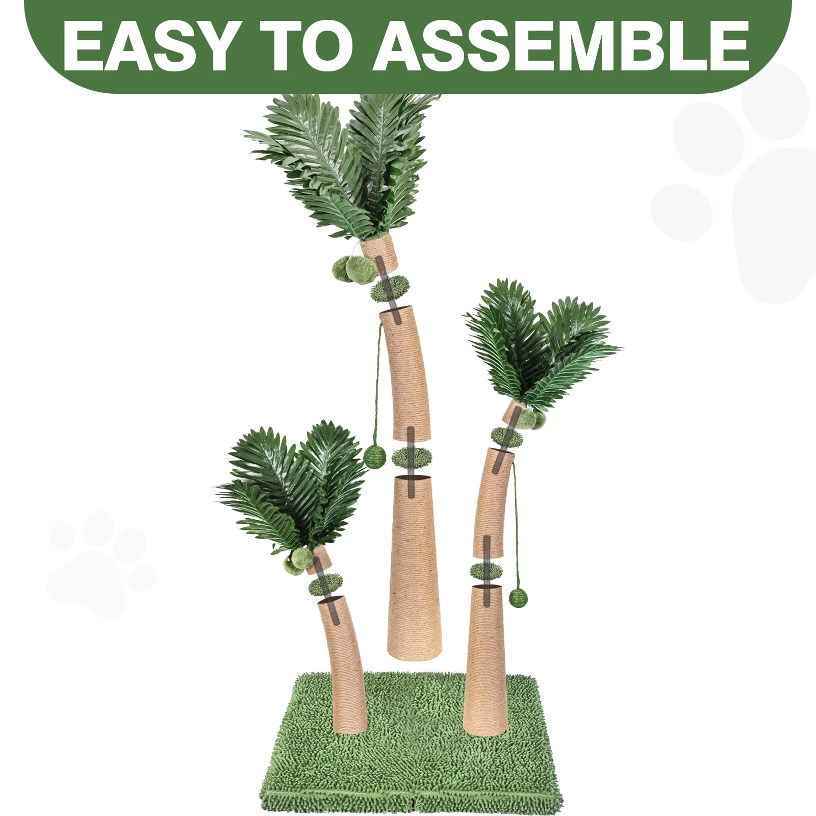 Furlogy 40'' Tall Cat Scratching Post, 3 Curved Design Palm Tree Cat Scratching Post With 8 Interactive Balls, Natural Sisal Rop