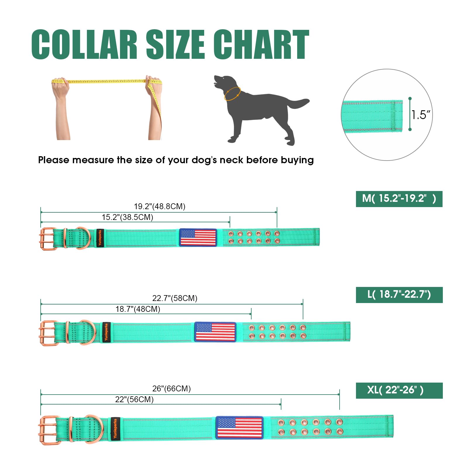 Yunleparks Heavy Duty Tactical Dog Collar With Neoprene Padded And Metal Buckle, Reflective Nylon For Medium To Large Dogs(Teal,