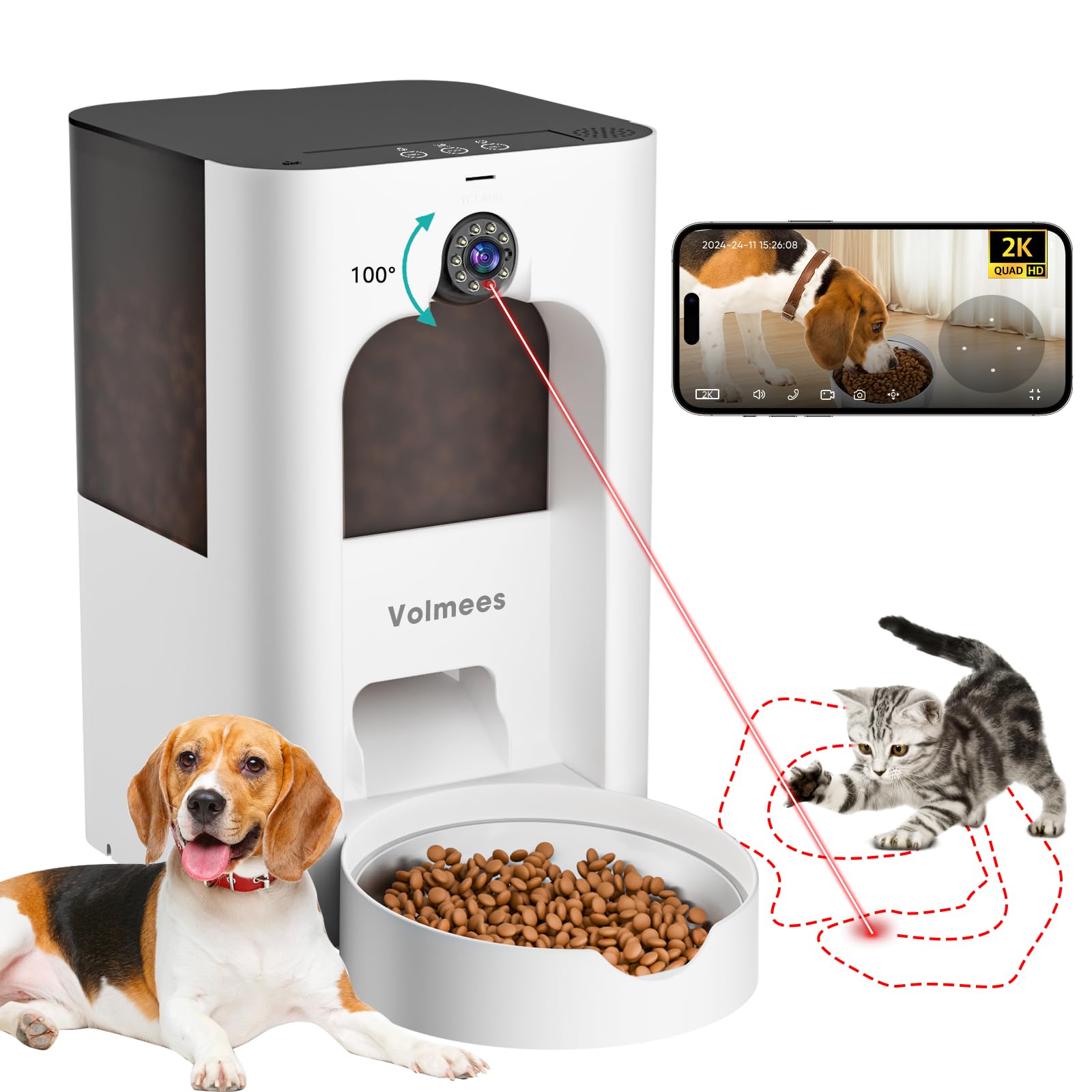 Volmees Automatic Cat Feeder with 2K Camera, Laser Tease Pet, 2.4 & 5GHz WiF Pet Feeder for Cat & Dog, Schedule Feeding Pet Food
