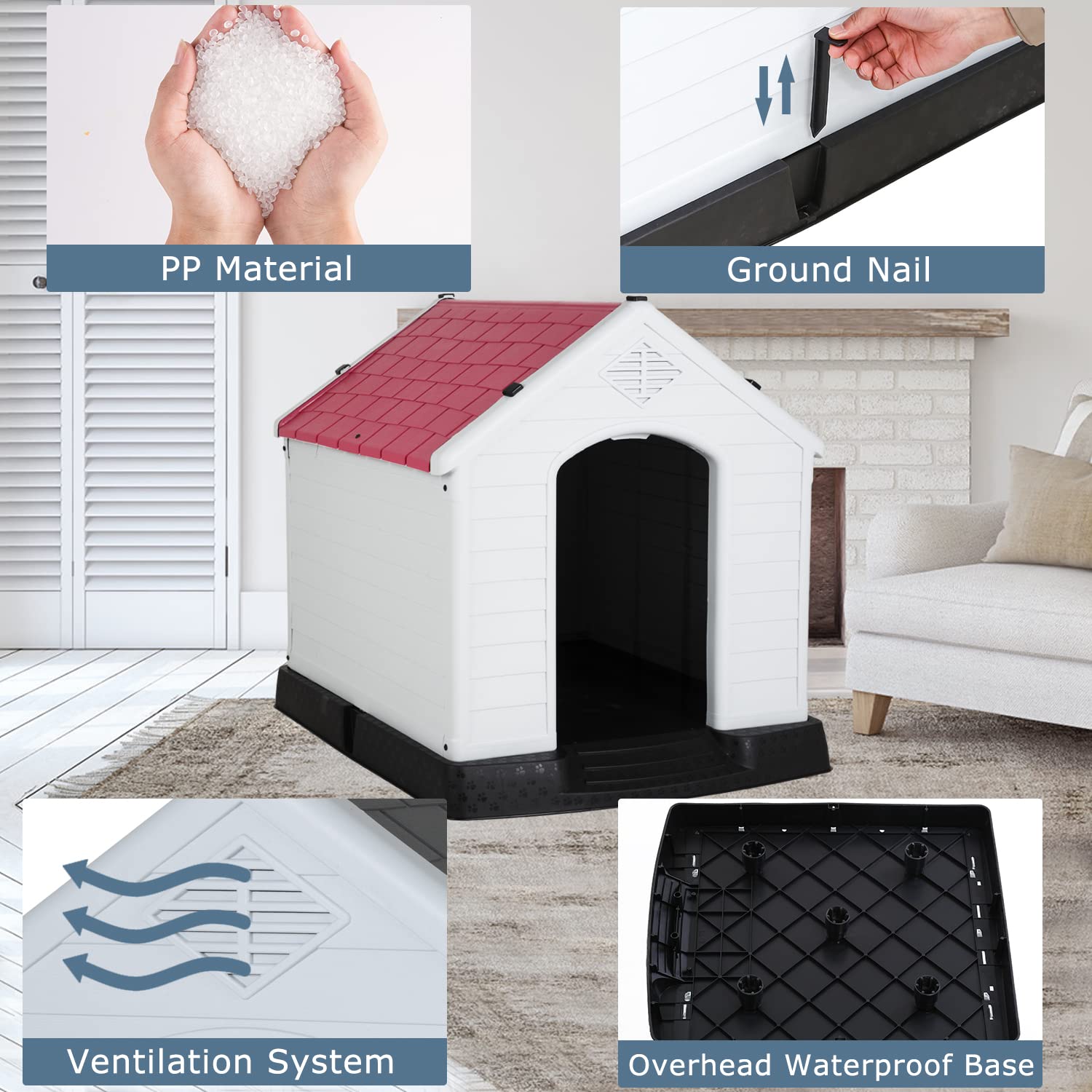 BestPet 32Inch Large Dog House Insulated Kennel Durable Plastic Dog House for Small Medium Large Dogs Indoor Outdoor Weather & W