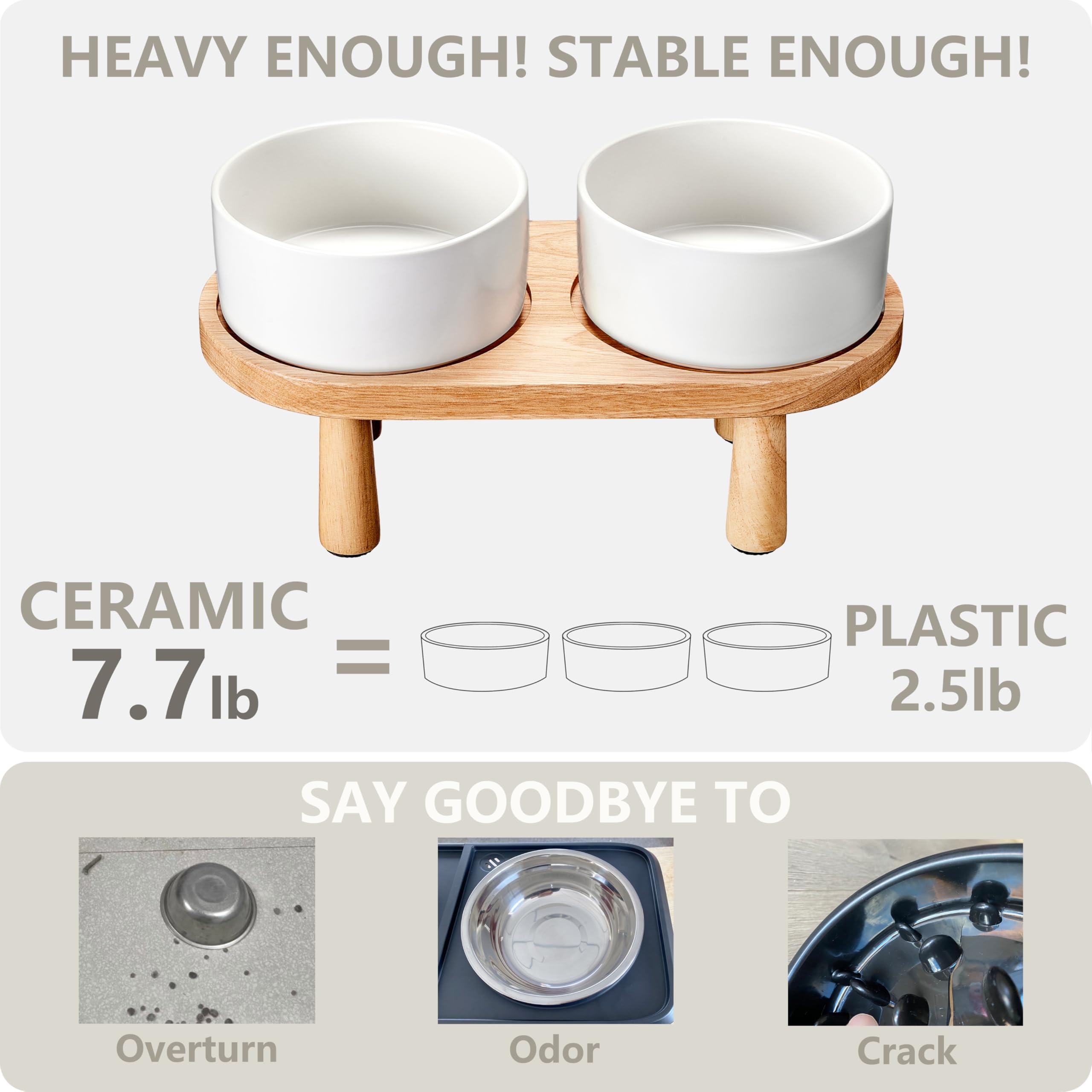 MOPANG Ceramic Elevated Dog Bowls Set - 8" Large Pet Food & Water Bowls with Wood Stand, 7.5 Cups, White, Model: Futternapf- und Wass