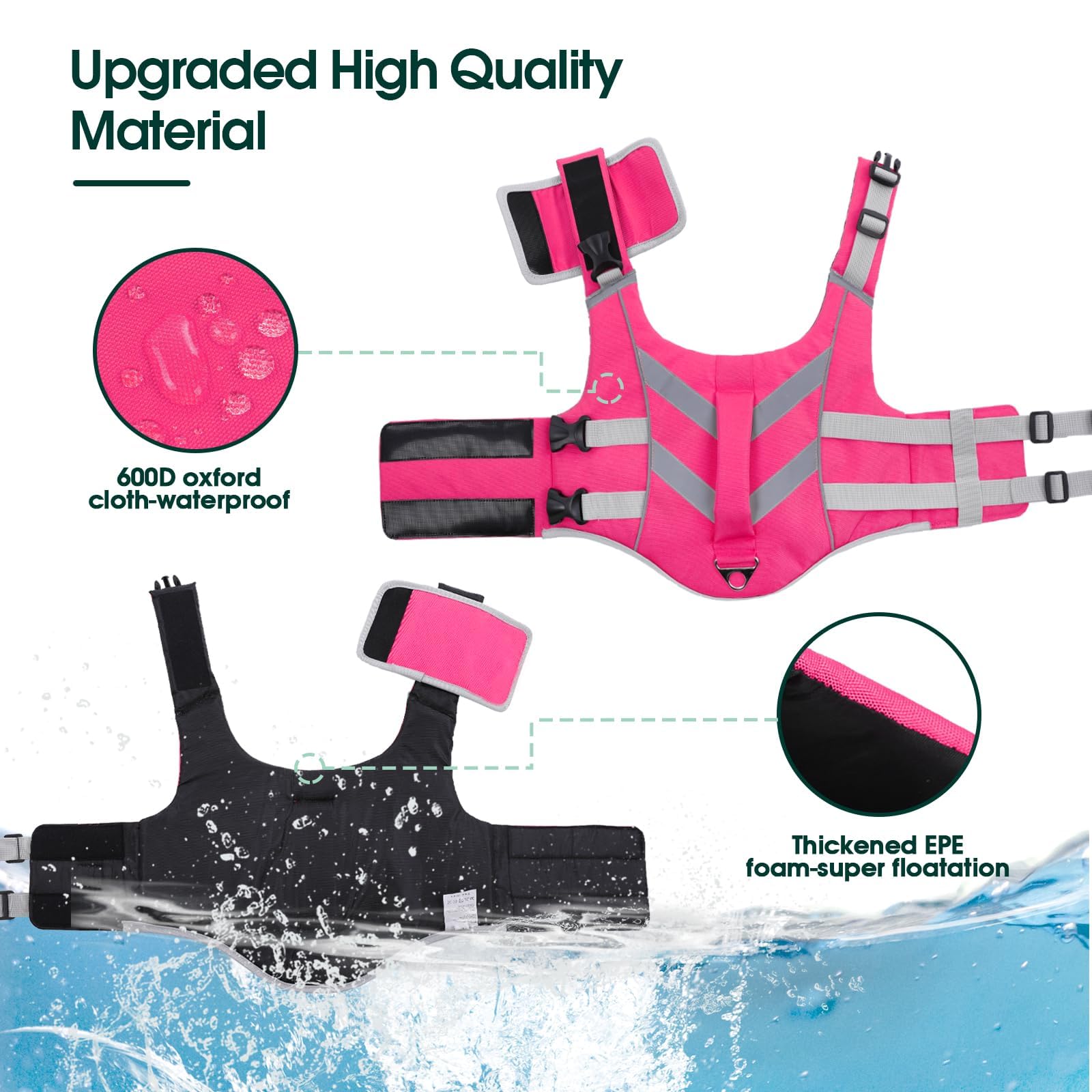 Kuoser Large Dog Life Jacket - Reflective Swim Vest for Boating, Pink XL