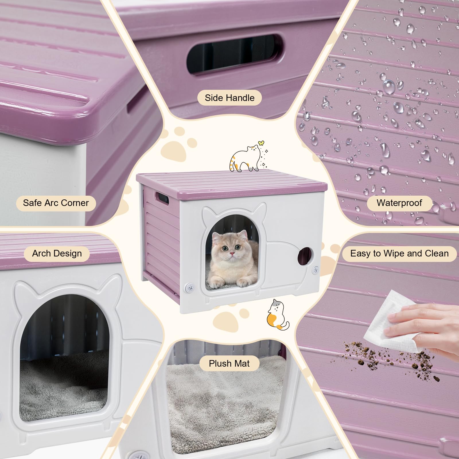 Plastic Cat House For Indoor Outdoor, Weatherproof Outside Cat House For Feral Cat, Stackable Cat Shelter With Plush Cushion (Pi