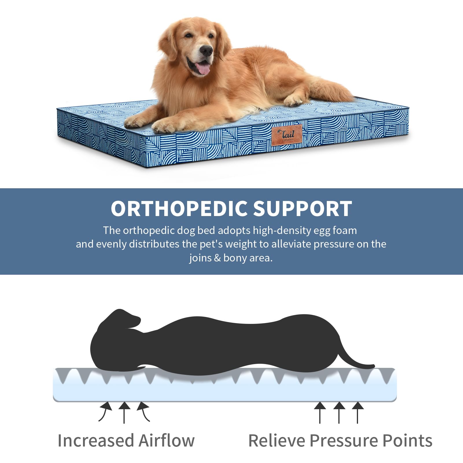Tail Stories Outdoor Extra Large Dog Crate Bed, XXL Waterproof Dog Bed for Giant Breeds Dogs, 47x29 Inch Orthopedic Egg Crate Fo