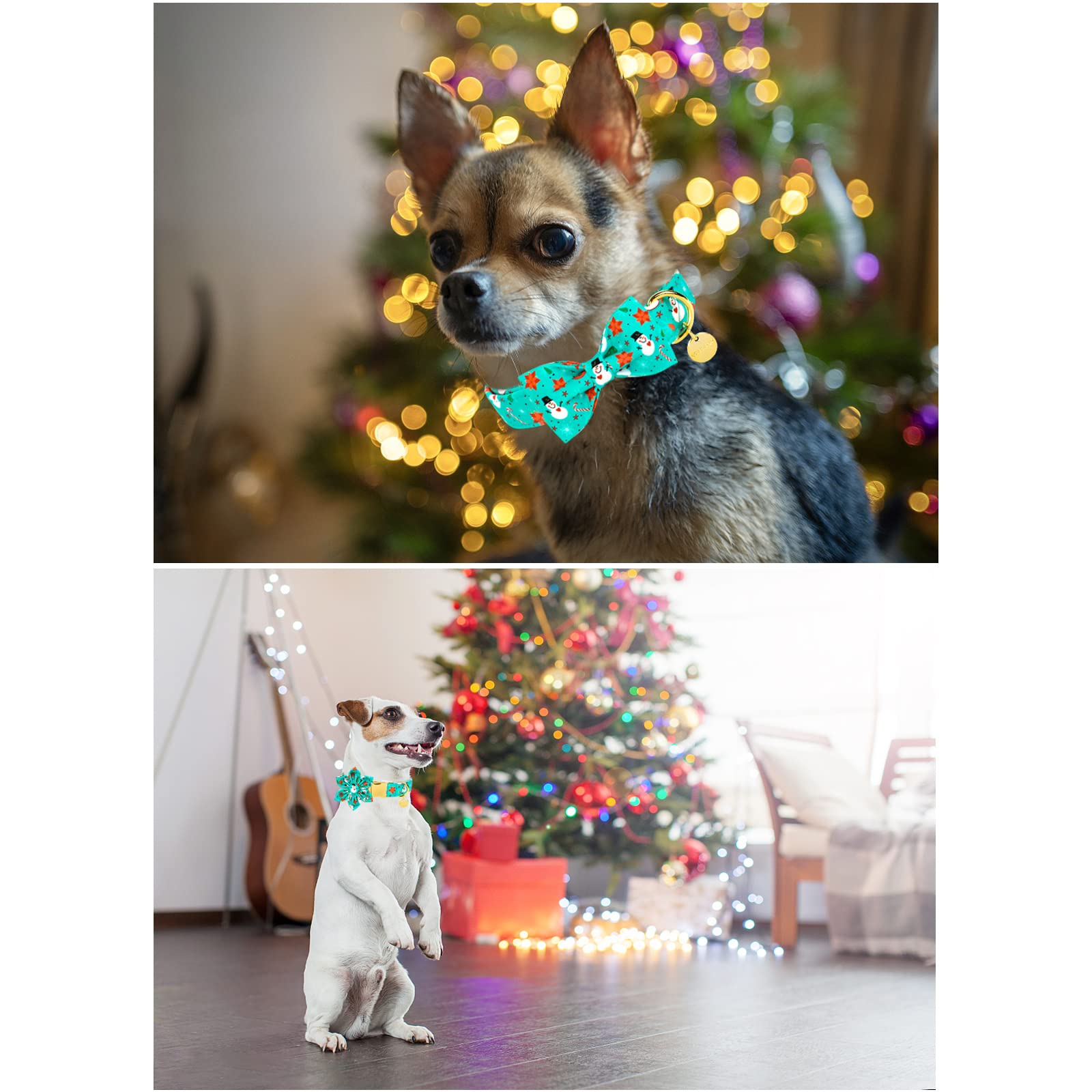 Up Urara Pup Dog Collar With Bow Tie, Christmas Comfortable Cotton Dog Bowtie Collar, Snowman Collar For Medium Girl Boy Dog, Durable Metal Buckle Green Dog Collar Bowtie, M, Neck 13.5-22In, Winter