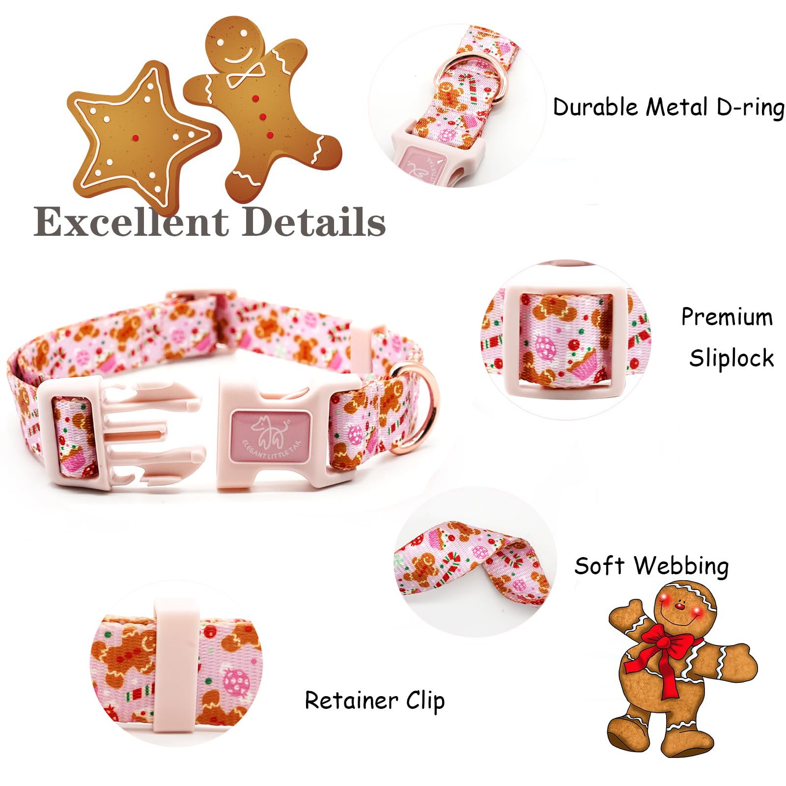 Elegant Little Tail Dog Collar With Leash, Pink Gingerbread Man Pet Collar Leash Adjustable Collar For Small Medium Large Dogs S