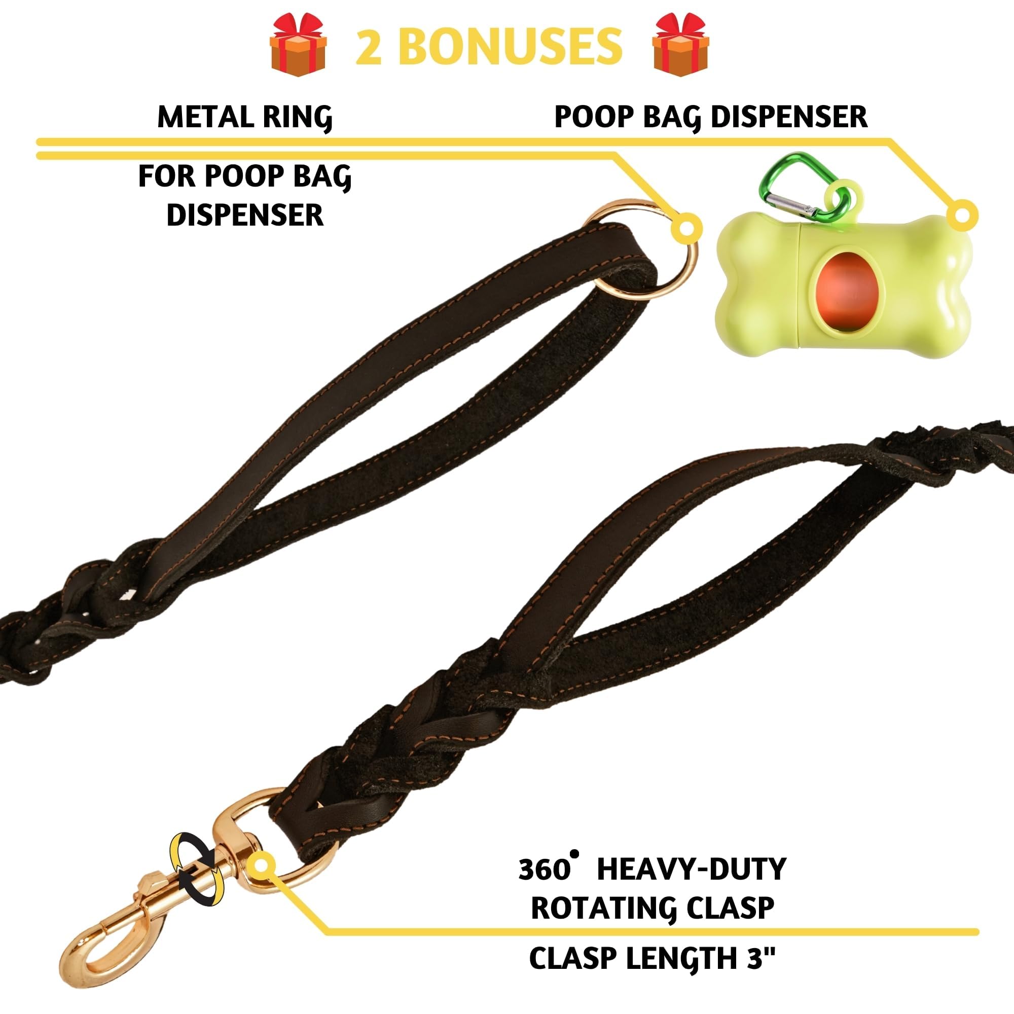 Adityna Double Handle Leather Dog Leash 6Ft - Heavy Duty Braided Leash With Traffic Handle - Lead For Training And Walking Large & Medium Dogs