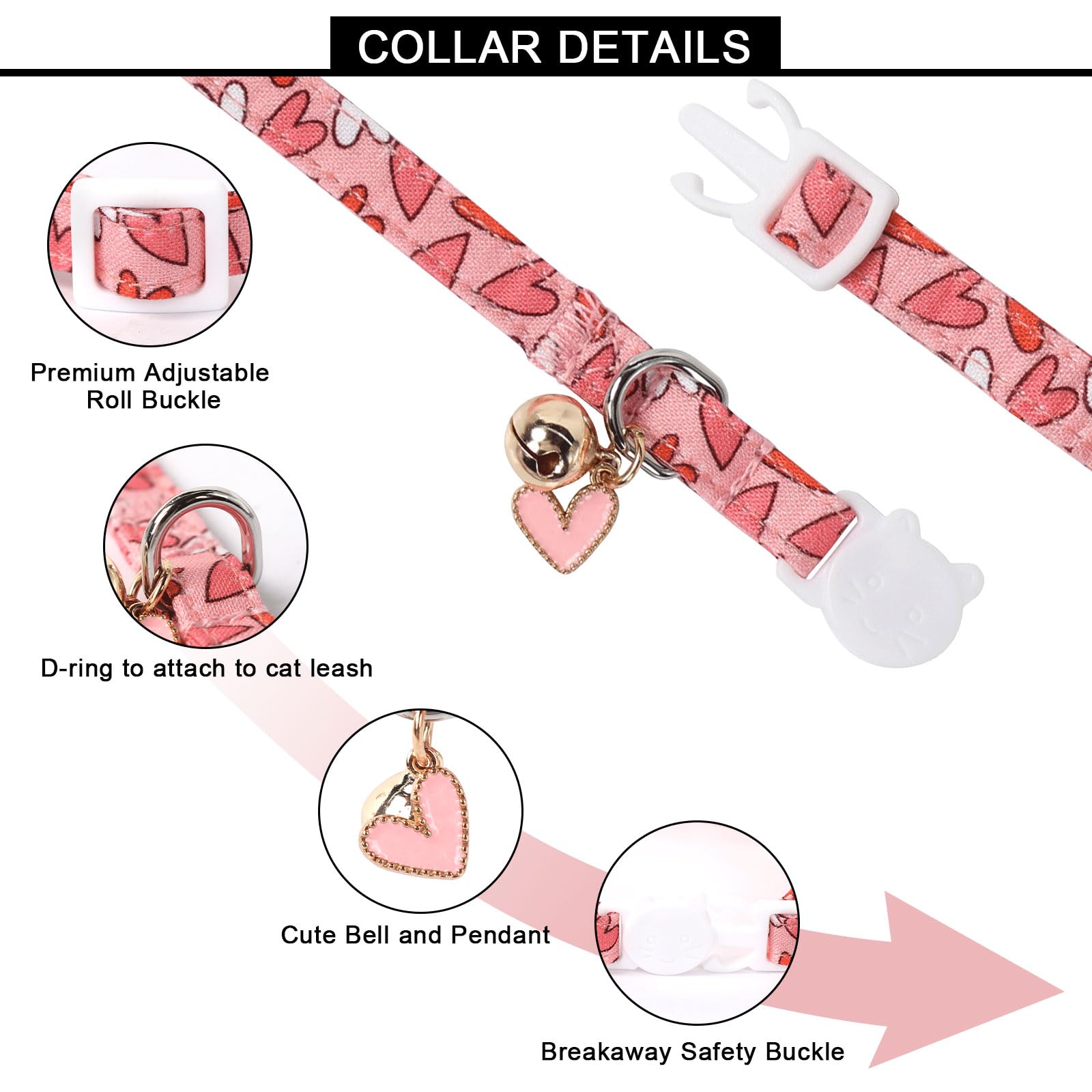 Lionet Paws 2Pcs Pack Valentine'S Day Cotton Cat Collar,Dot Heart Breakaway Buckle With Red Pink Love Cute Adjustable Cat Kitten